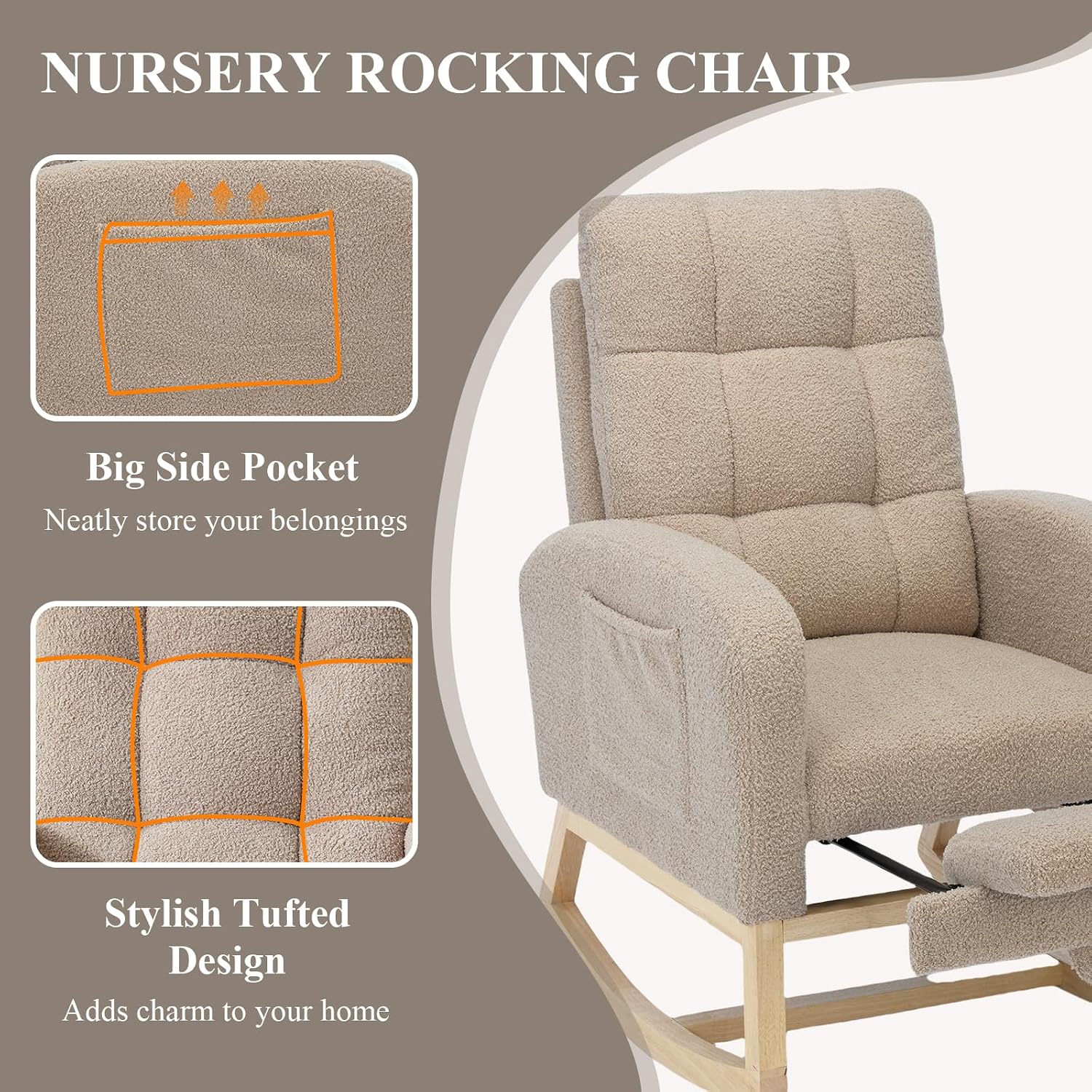 Nursery Rocking Chair, Polyester Upholstered Glider Chair with Footrest, Comfy Rocker Chair, Accent Chair with High Backrest, Glider Rocker, Armchair for Living Room (Brown Teddy)