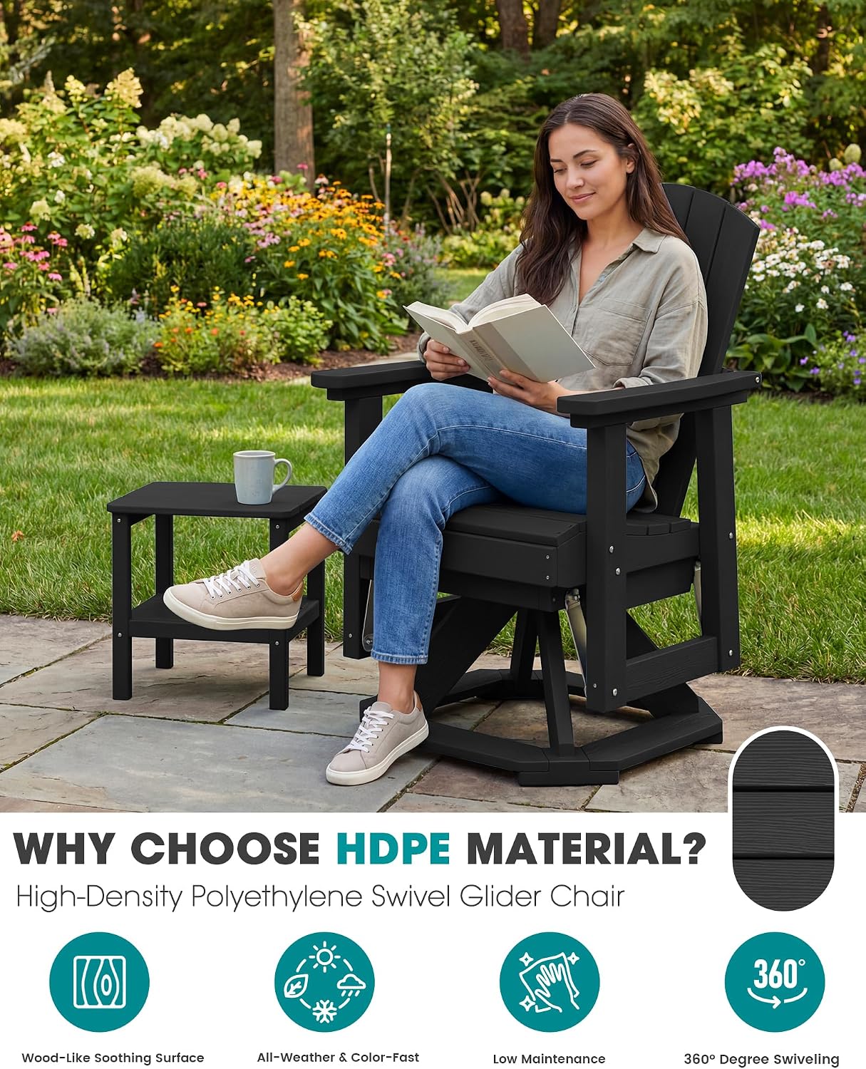 SERWALL Adirondack Swivel Glider Chair, HDPE Glider Set of 2 for Outdoor, All-Weather Glider Chair for Porch, Balcony, Midnight Black