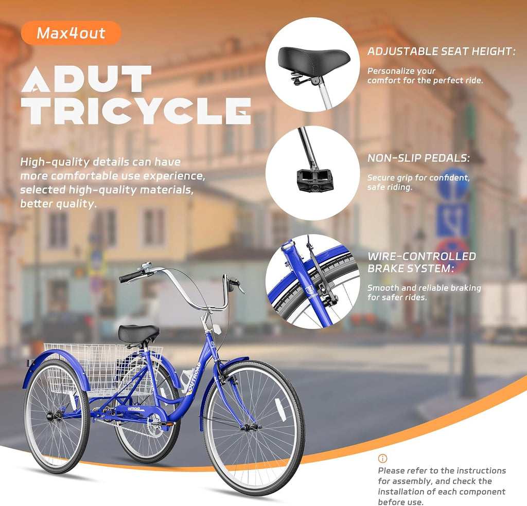 Max4out Adult Tricycle with Large Basket 24/26 Inch, Stable 3 Wheel Cruise Bicycle for Shopping, Beach and City Trike Perfect for Men, Women, Seniors（Blue/Purple/Red）
