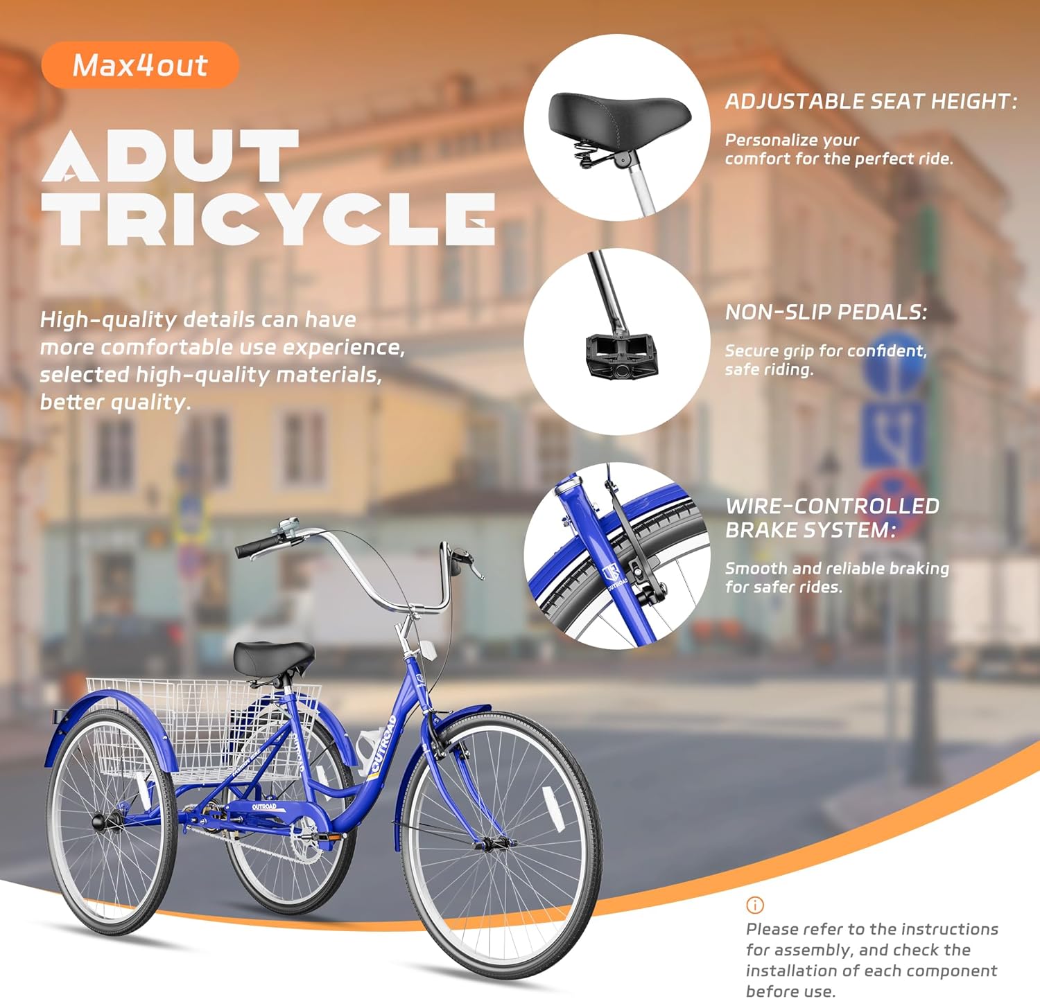 Max4out Adult Tricycle with Large Basket 24/26 Inch, Stable 3 Wheel Cruise Bicycle for Shopping, Beach and City Trike Perfect for Men, Women, Seniors（Blue/Purple/Red）