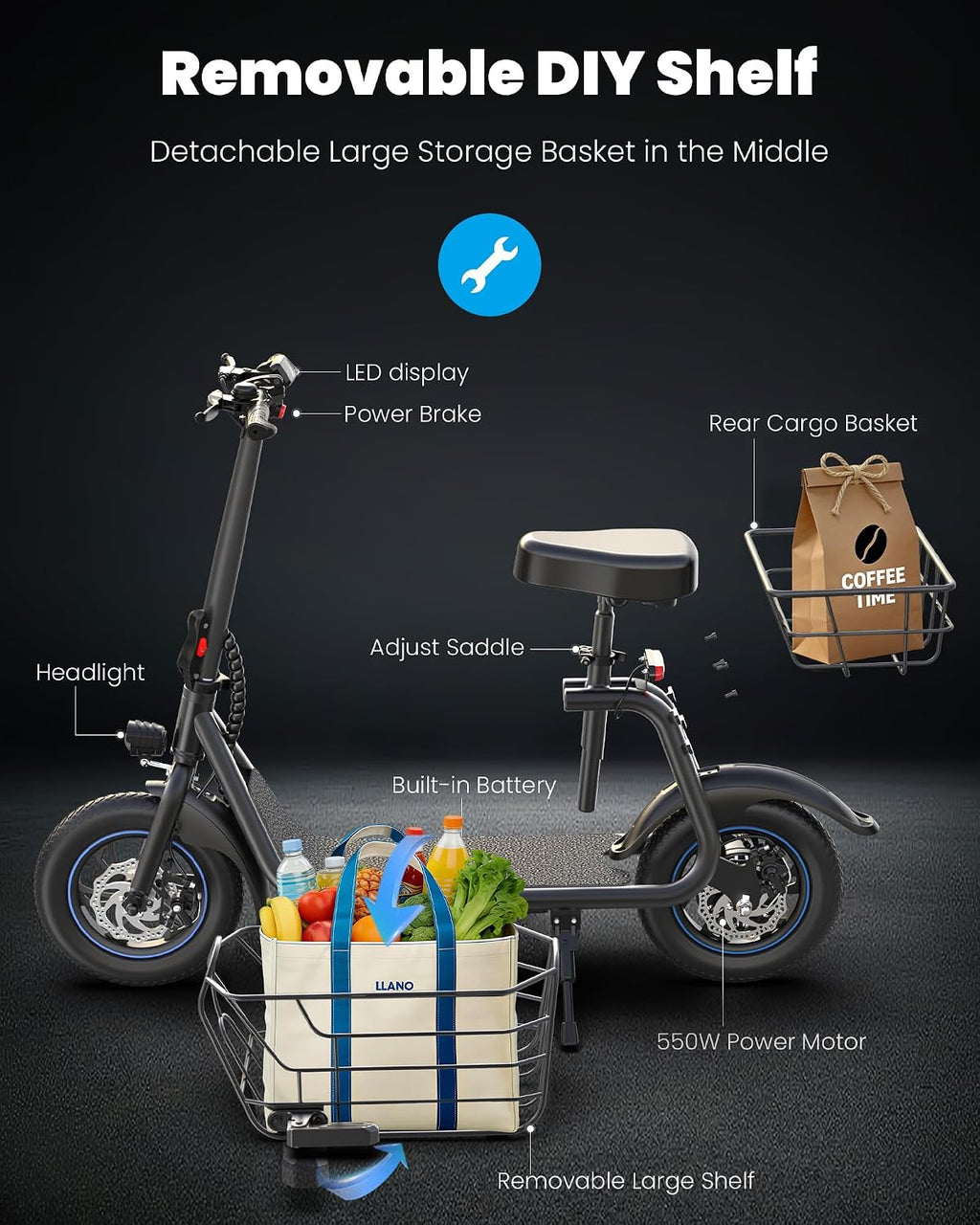 Gyroshoes C1S Electric Scooter for Adults with Seat & Large Basket, 550W Motor, 20 Mile Range, 19MPH, Foldable E-Scooter for Commuting, Pets Dog, Grocery Shopping