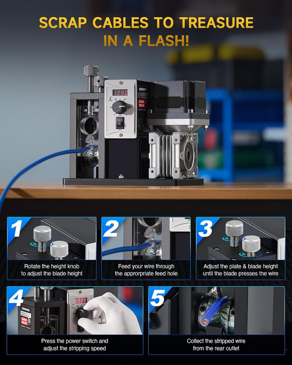 CREWORKS 200W Automatic Wire Stripper Machine, Speed Adjustable Electric Wire Stripping Machine with Real-Time Speed Display, Cable Stripper Machine for 0.04-1 in. Copper Wire Peeling Recycling