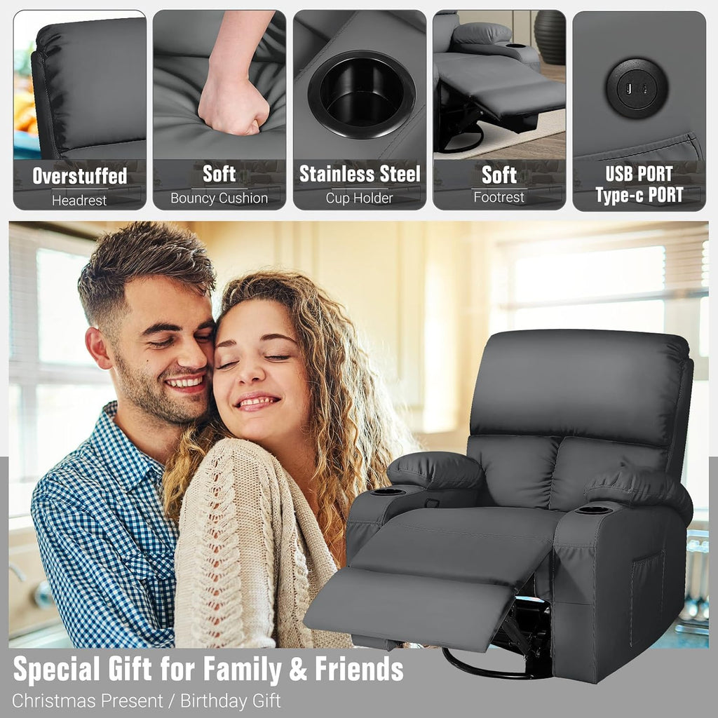 LEVELEVE Rocking Recliner Chair, Massage Rocker Recliner Chair with Vibration Massage and Heat, USB and Type-C Ports,360° Swivel Faux Leather Chairs, Living Room, Bedroom, Nursery, RV, Dark Grey