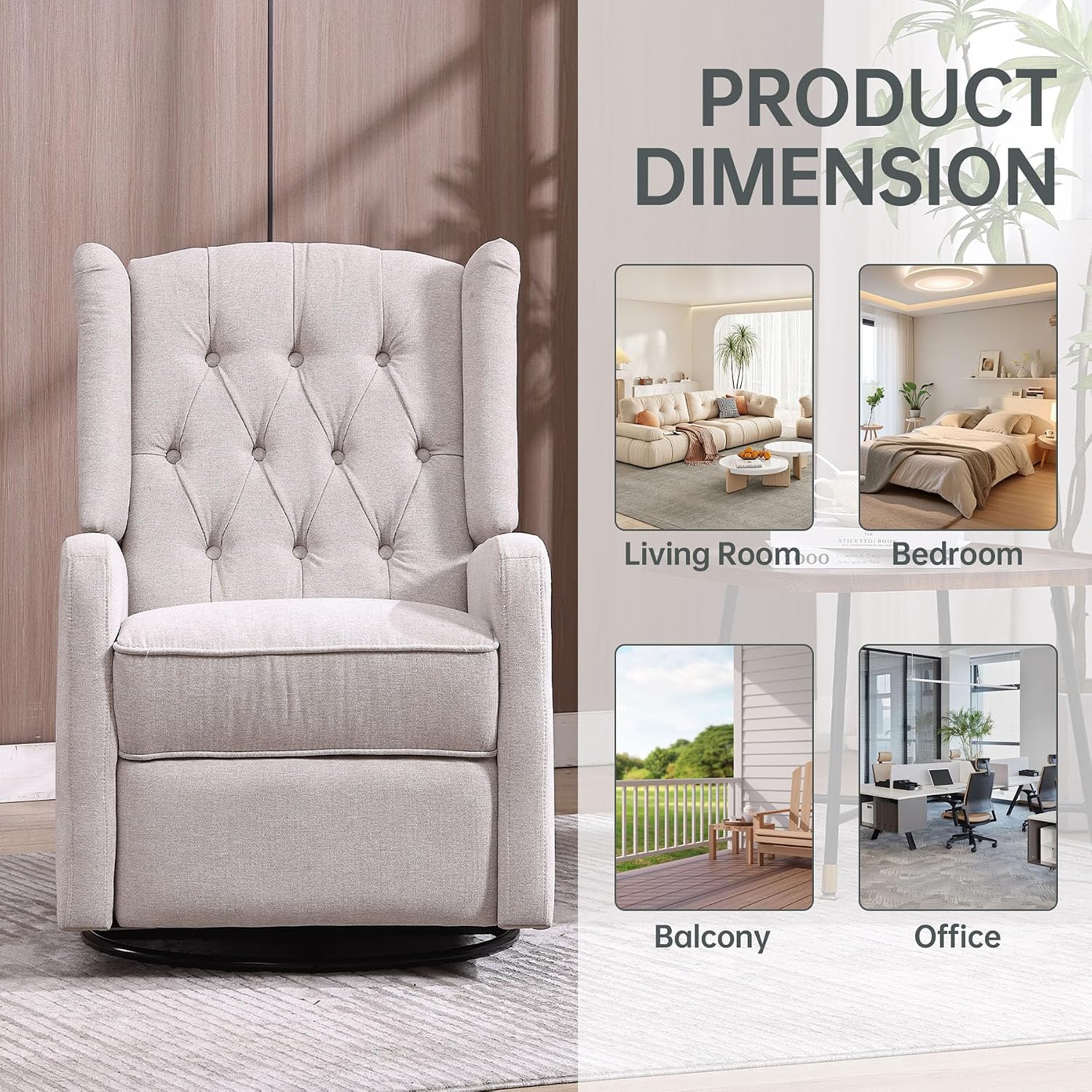 HRVEOCEI Glider Recliner Nursery Chair, Cozy Linen Rocking Chair Nursery Recliner with Adjustable Button Backrest and Footrest, Swivel Recliner Chair for Living Room, Bedroom, Office (Beige)