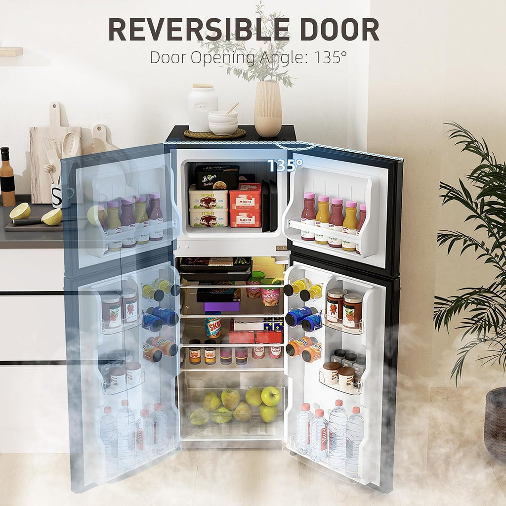 HOMCOM 4 Cu.Ft Mini Fridge with Freezer, Double Door Compact Refrigerator with Adjustable Thermostat, Shelf and Reversible Door for Bedroom, Dorm, Home Office, Energy Efficient, Black
