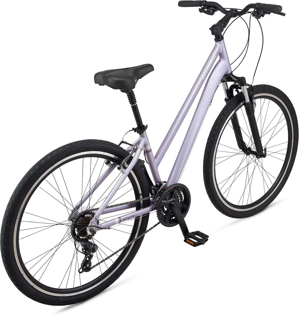 Schwinn Network 3.5 Hybrid Bike, Mens and Womens Bike, 21-Speed Hybrid Bicycle, Aluminum Frame, Suspension Seat, Alloy Linear Pull Brakes, Adult Bicycle