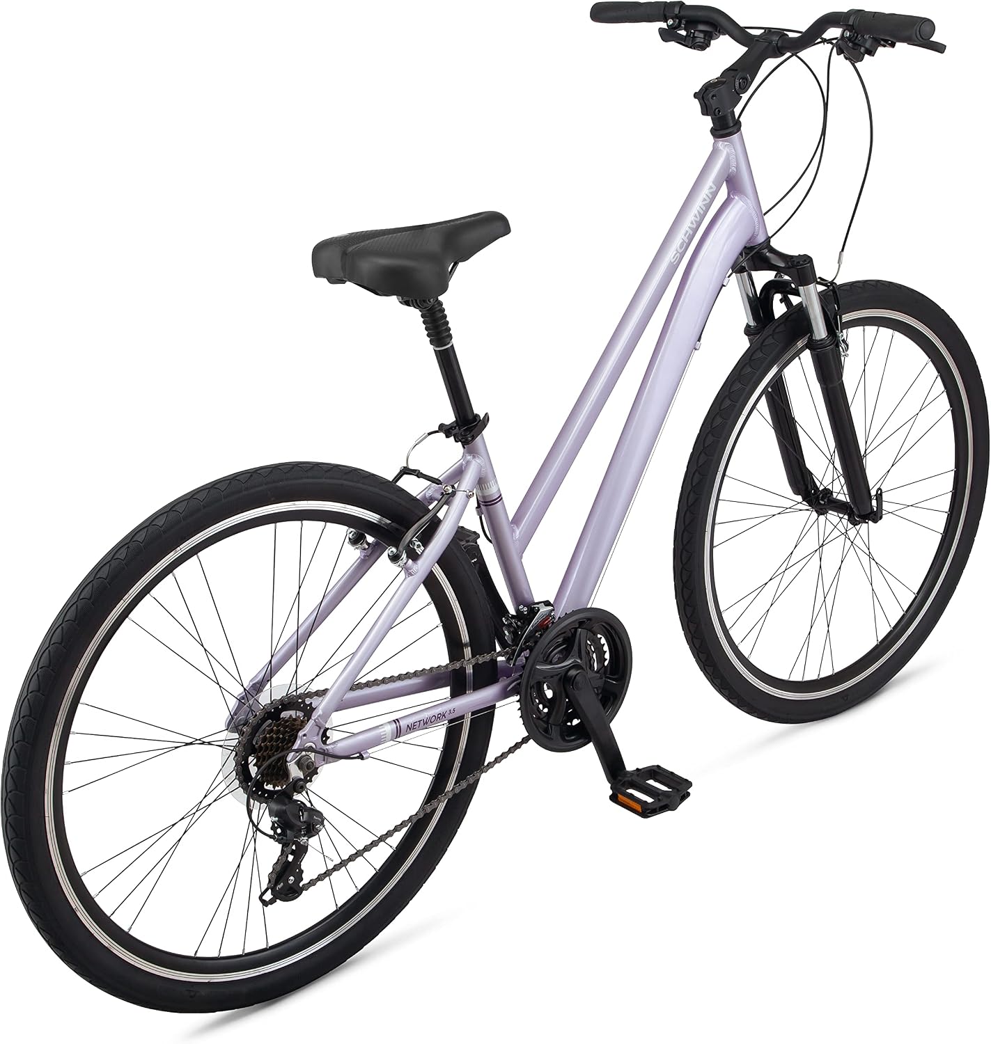 Schwinn Network 3.5 Hybrid Bike, Mens and Womens Bike, 21-Speed Hybrid Bicycle, Aluminum Frame, Suspension Seat, Alloy Linear Pull Brakes, Adult Bicycle
