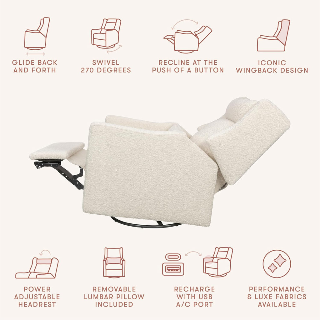Babyletto Kiwi Plus Power Recliner and Swivel Glider with Power Headrest and USB Port in Performance Ivory Boucle, Water Repellent & Stain Resistant, Greenguard Gold and CertiPUR-US Certified