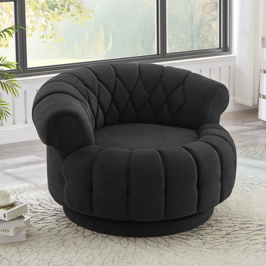 360° Swivel Accent Chair, Chenille Fabric Barrel Swivel Chair Round Club Chair with Curved Armrests & Thick Cushioning, Stylish Channel-Tufted & Diamond-Quilted Backrest for Living Room (Black,02)