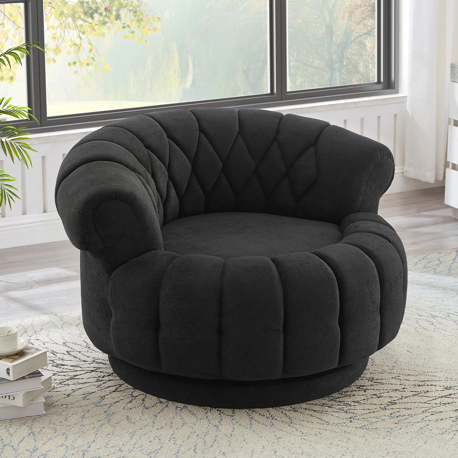 360° Swivel Accent Chair, Chenille Fabric Barrel Swivel Chair Round Club Chair with Curved Armrests & Thick Cushioning, Stylish Channel-Tufted & Diamond-Quilted Backrest for Living Room (Black,02)