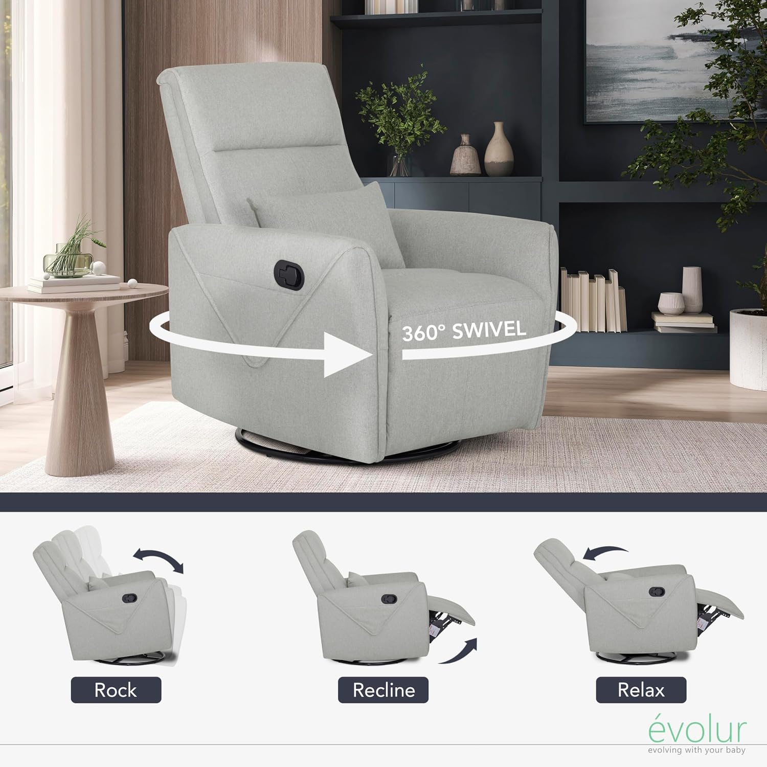 Evolur Sylas Nursery Glider Chair in Luxe Grey - Manual Recliner with 360° Swivel, Lumbar Support, Tufted Back & Side Pockets - Modern Rocking Chair for Baby Room, Nursery & Living Room