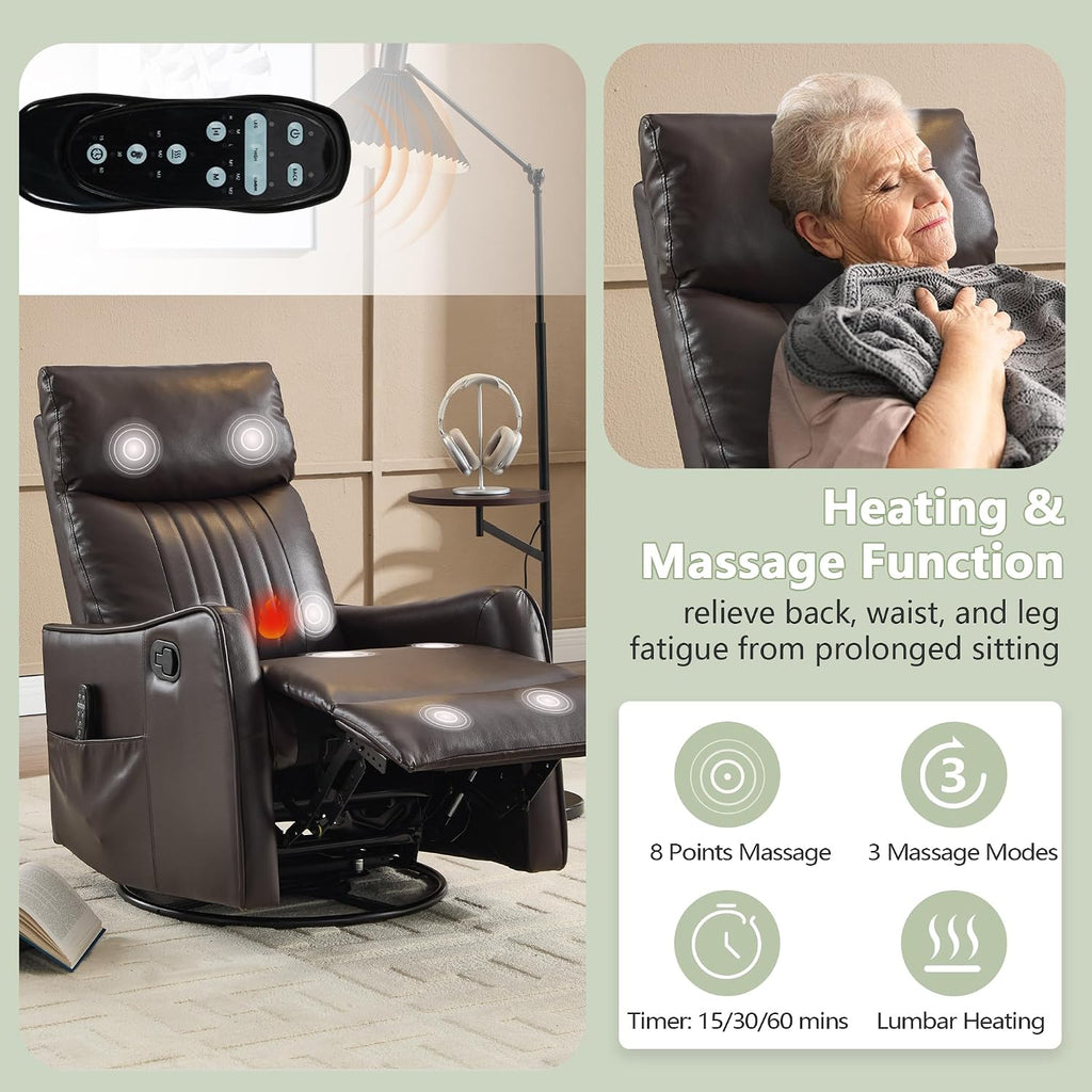 cinkehome Swivel Rocker Recliner, Glider Rocker Recliner Chair for Nursery, Manual Reclining Chair with Heated Massage, Small Spaces, Living Room, Faux Leather Brown