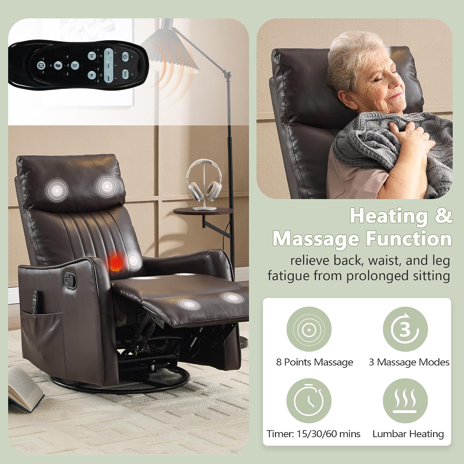 cinkehome Swivel Rocker Recliner, Glider Rocker Recliner Chair for Nursery, Manual Reclining Chair with Heated Massage, Small Spaces, Living Room, Faux Leather Brown