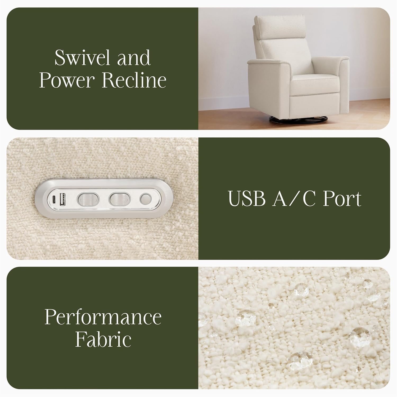 Namesake Willa Plus Power Glider Recliner w/Power Headrest in Performance Ivory Boucle, Water Repellent and Stain Resistant, Greenguard Gold and CertiPUR-US® Certified