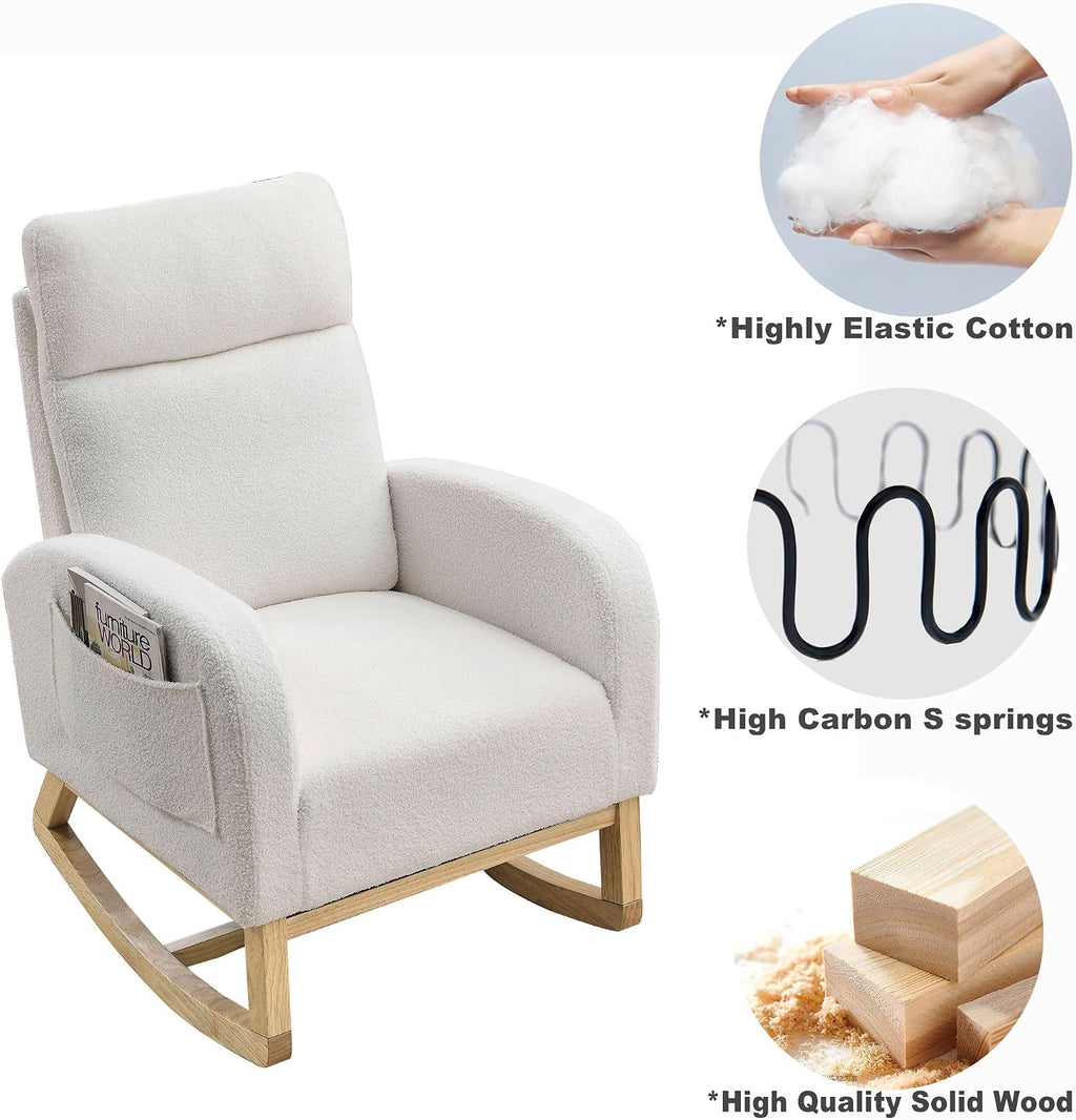 Nursery Rocking Chair Teddy Upholstered Accent Rocker Chair with High Backrest, Soft Rocker Glider Solid Rubber Wood Leg for Bedroom Living Room Nursing Room, Two Side Pocket, White Classic