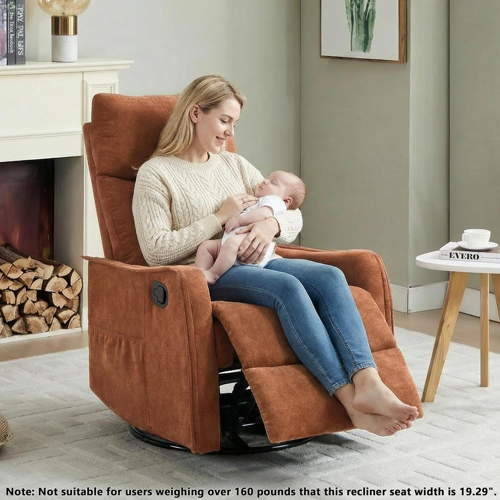 Manual 360° Swivel Rocker Recliner Chair for Adults, Overstuffed Glider Chair for Nursery with Vibration Massage and Heat, Comfy Soft Fabric Glider with Side Pockets for Living Room, Orange