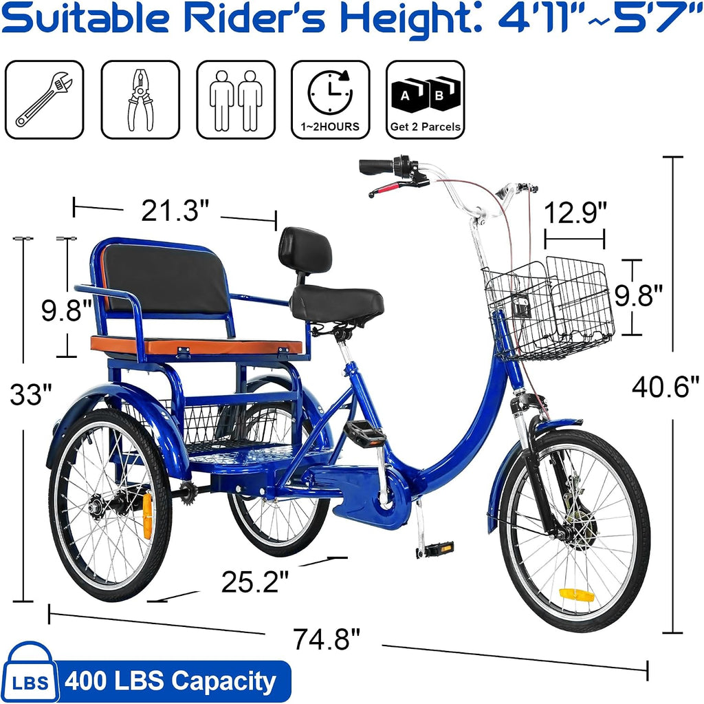 MOOITZ Adult Tricycle, 20 Inch 3-Wheel Bikes, Trike for Adults with Seat, Low Step-Through Cruiser Bike with Front and Rear Baskets, Adult Tricycles for Women, Seniors, Men