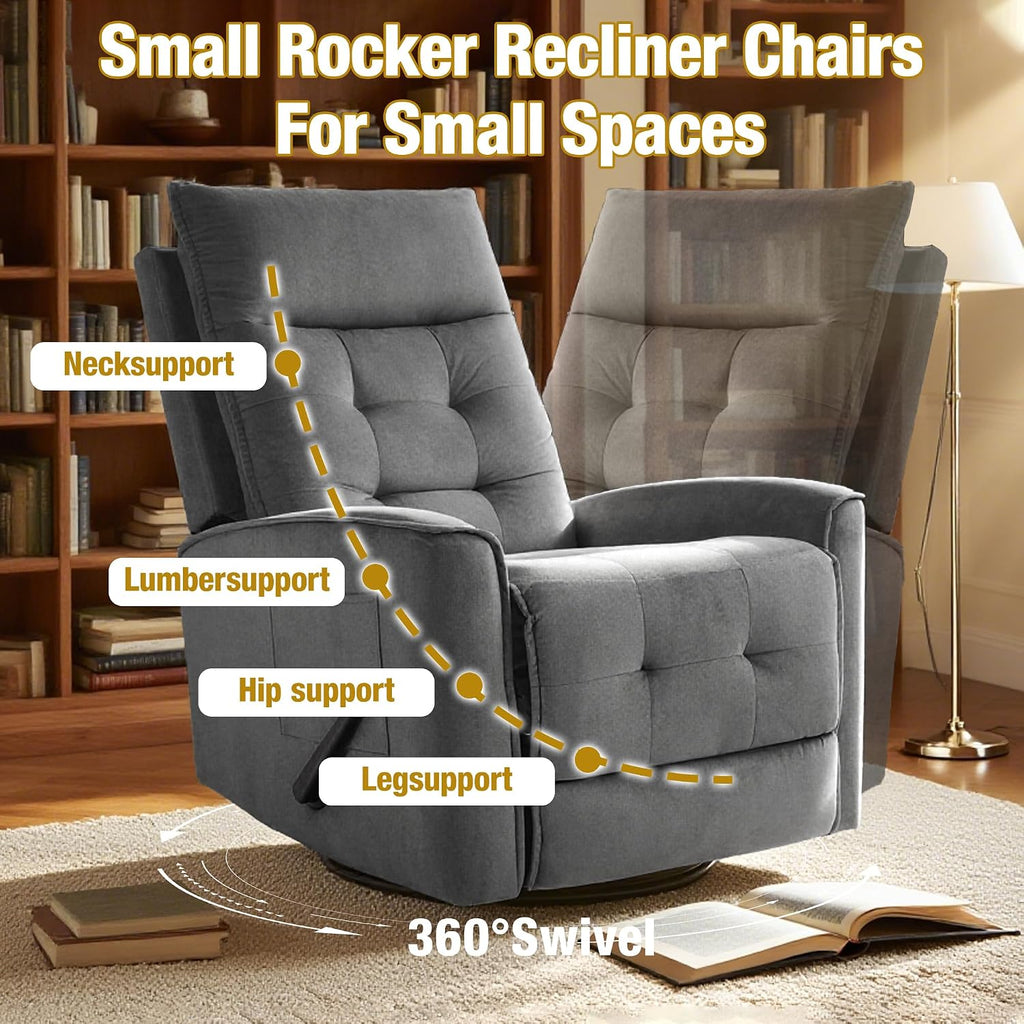 Swivel Rocker Recliner Chair, Rocking Chair, Small Swivel Recliner for Small Spaces, Living Room, RV(Dark Grey)