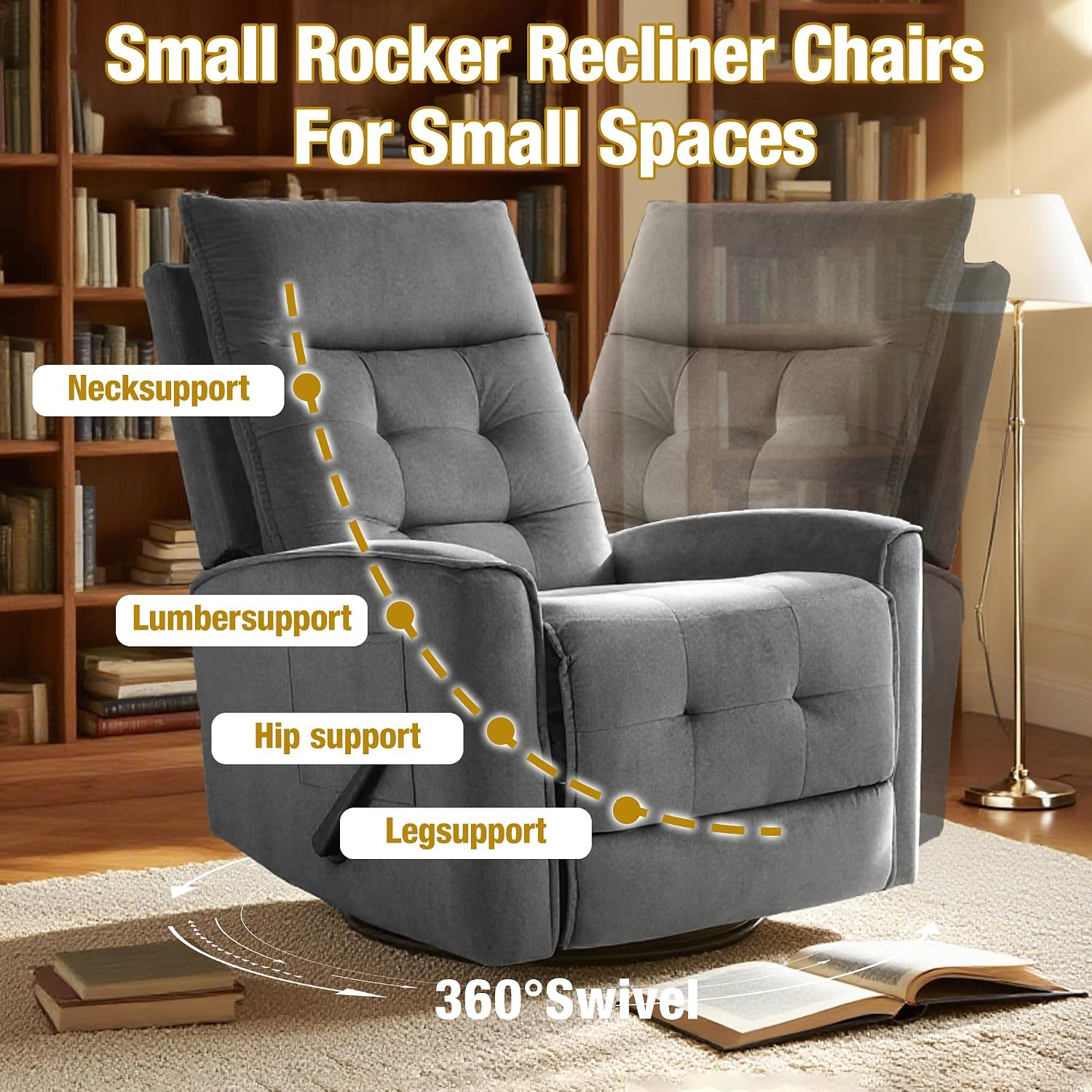 Swivel Rocker Recliner Chair, Rocking Chair, Small Swivel Recliner for Small Spaces, Living Room, RV(Dark Grey)