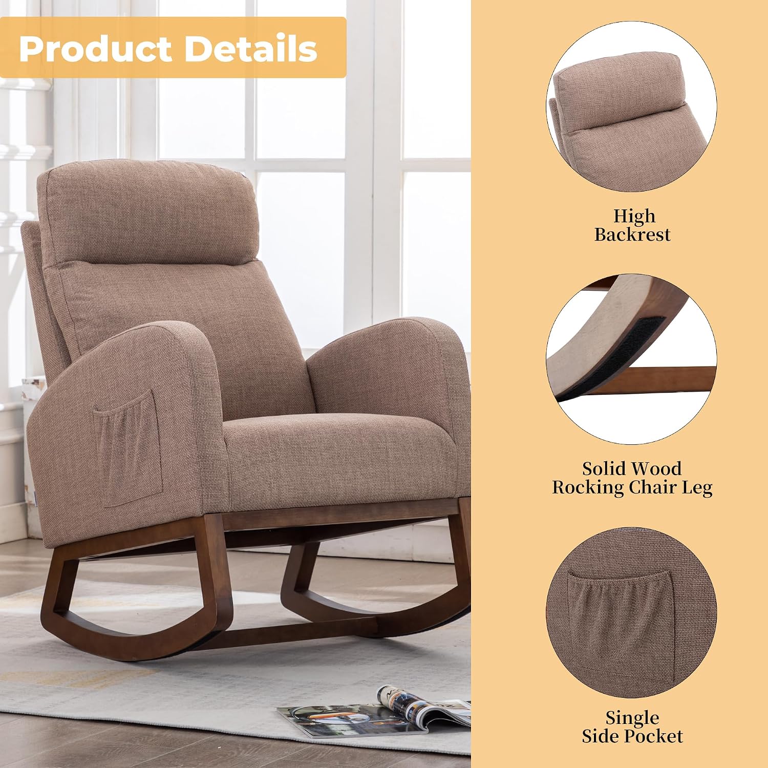 Modern Rocking Chair with Breathable Yellow Linen & Solid Wood Legs - Recliner Glider Armchair Featuring Side Pocket, High Back Support for Nursery, Living Room, Bedroom (Camel)
