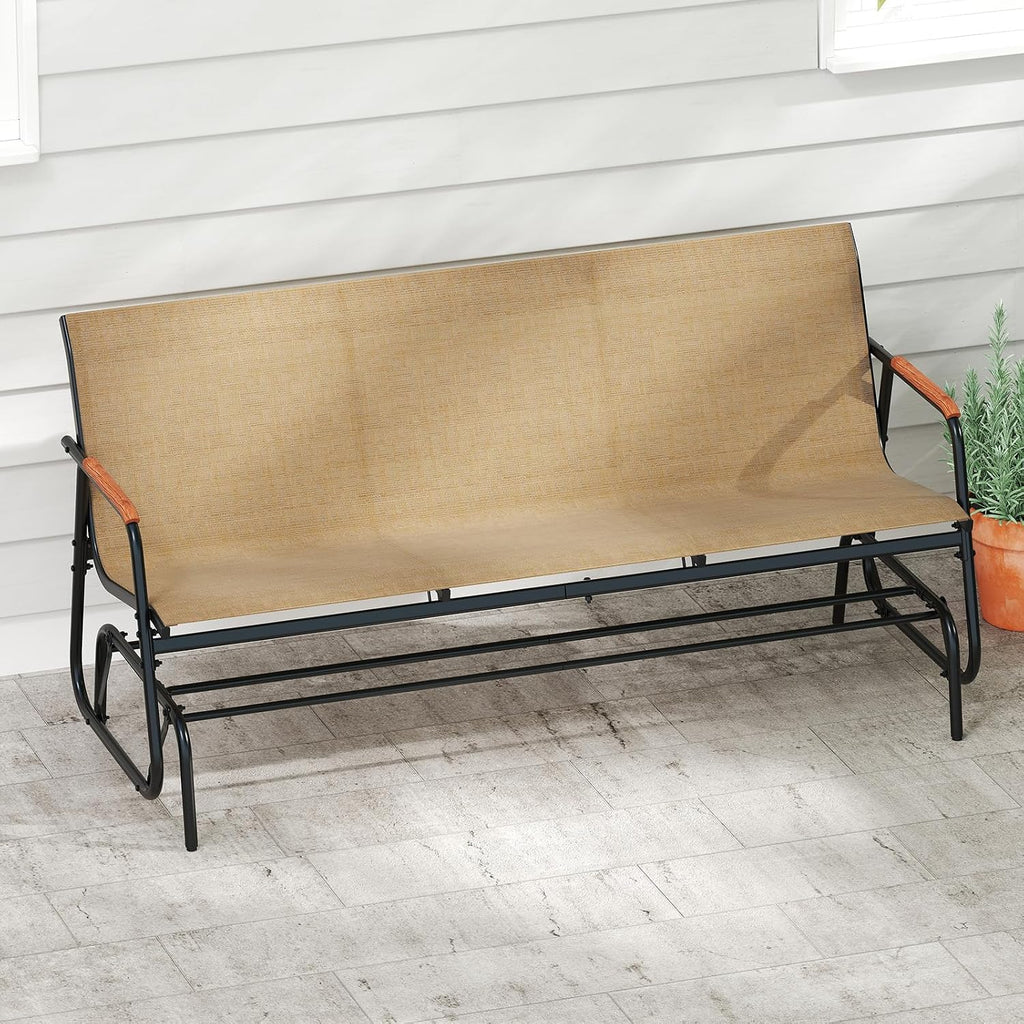 Tangkula 3-Person Outdoor Glider Bench, Patio Gliding Loveseat with Breathable Fabric Seat, Curved Teak Wood Armrests and Metal Frame, Swing Rocking Chair for Backyard, Garden, Porch, Balcony (3 Seat)