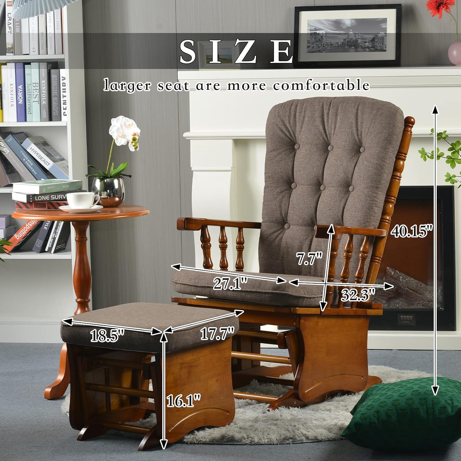 Anti-Pinch Nursery Glider Rocking Chair with Ottoman, Solid Rubber Wood Frame, Silent Smooth Gliding Design, Vintage Carved Armrest for Nursing, Living Room, Bedroom, Oak