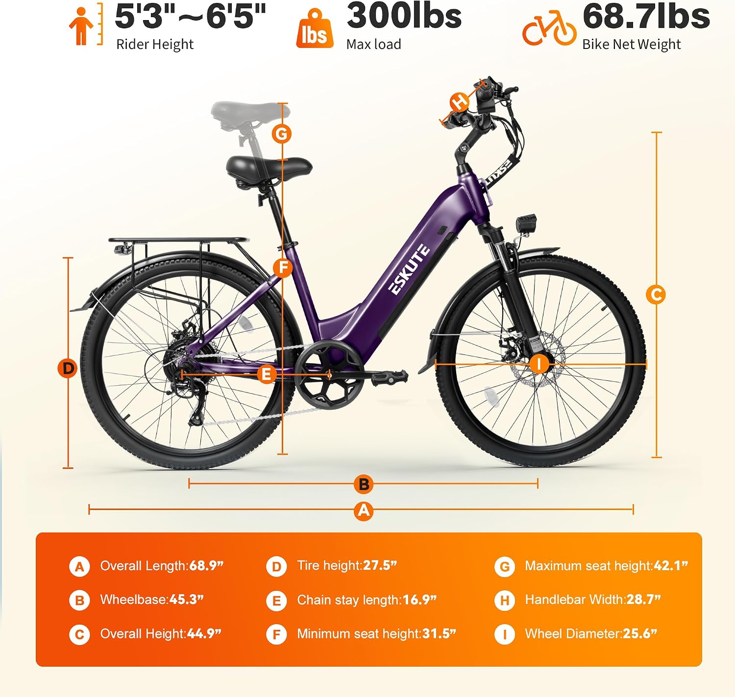 ESKUTE Electric Bike for Adults-1300w Peak Ebike, 28MPH Step Thru Electric Bicycle，70Miles 840 WH Removable Battery e-Bike, 7-Speed 26'' tire, Adjustable Stem,
