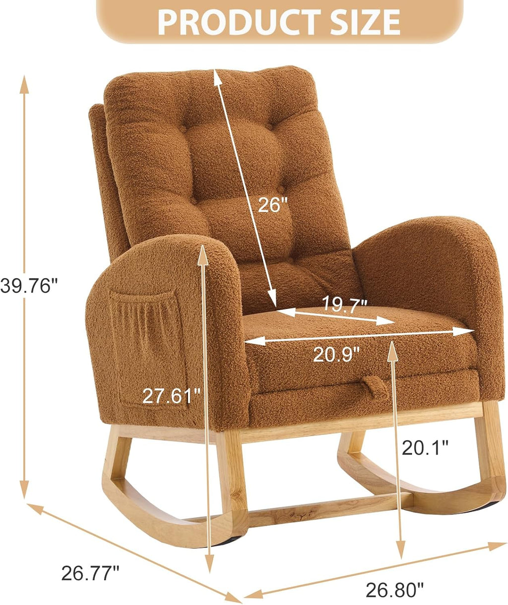 cinkehome Nursery Rocking Chair with Retractable Foot Rest, Teddy Glider Rocking Chair, Mid Century Rocker Chair, High Back, Solid Wood Legs