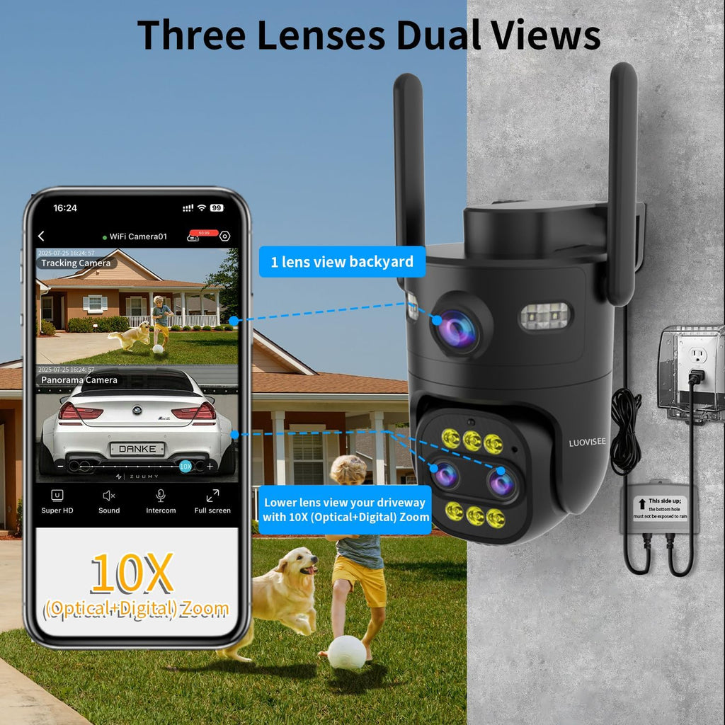 Luovisee 4 Pack Wired Home Camera Outdoor/Indoor with 2K Color Night Vision,AI Human Auto Zoom and Tracking,Pan-Tilt 360° View,Two-Way Audio,Triple-Lens 2.4G/5G WiFi,24/7 Recording,Waterproof