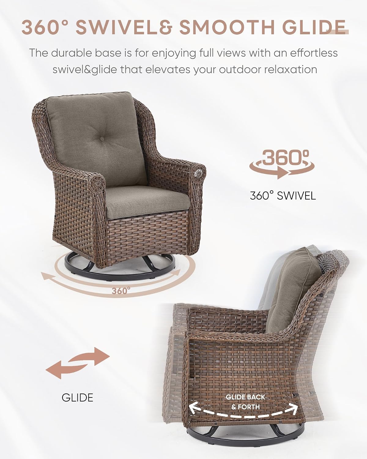 Patio Chairs Outdoor Swivel Glider - Set of 2 High Back Outside Brown Wicker Rattan Rocking Chair with Zippered Cushion for Porch Apartment Deck Yard Poolside Garden - Grey