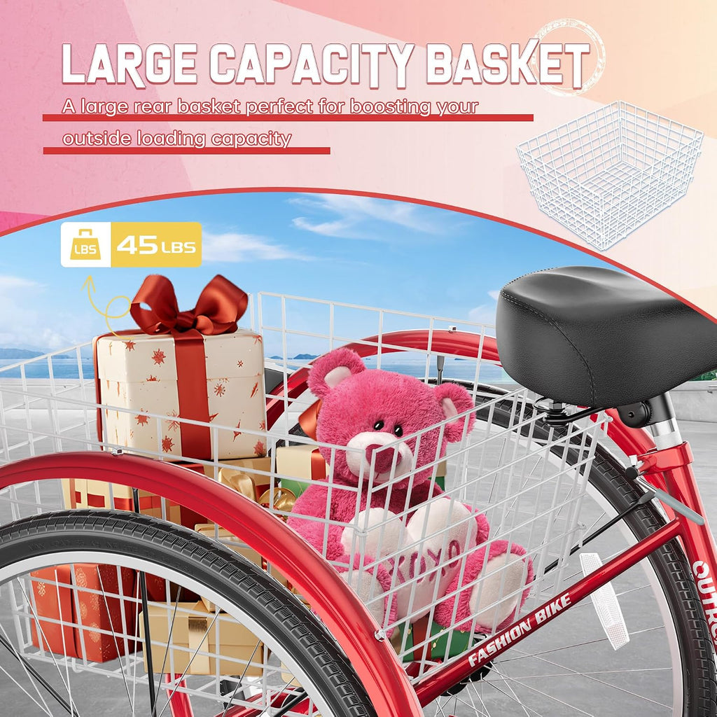 1 Speed Adult Tricycle, 24 Inch 3 Wheel Bikes with Large Basket, Cruiser Bike for Women/Men/Seniors, Adult Trike for Outdoor/Shopping/Recreation/Picnic (Red)