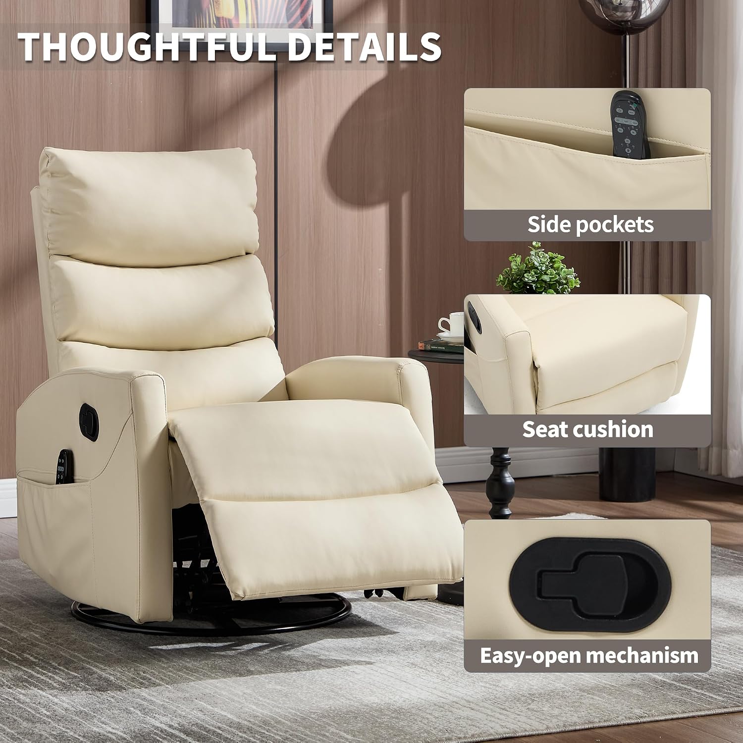 Manual Swivel Rocker Recliner Chair for Adults, Overstuffed Reclining Glider Chair for Nursing with Vibration Massage & Heat, Living Room Rocking Recliner 3-Stage backrest, Faux Leather Light Yellow