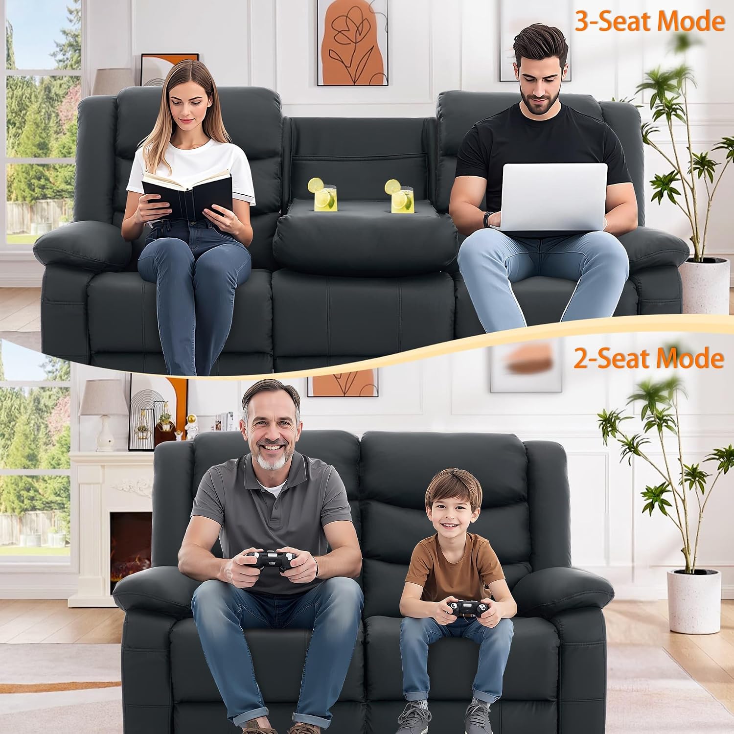 Korser Recliner Sofa, Reclining Loveseat with Console, Oversized Reclining Couch with Drop Down Table, 3-Seater Sofa with Cup Holder and Recessed Power Strip, Black