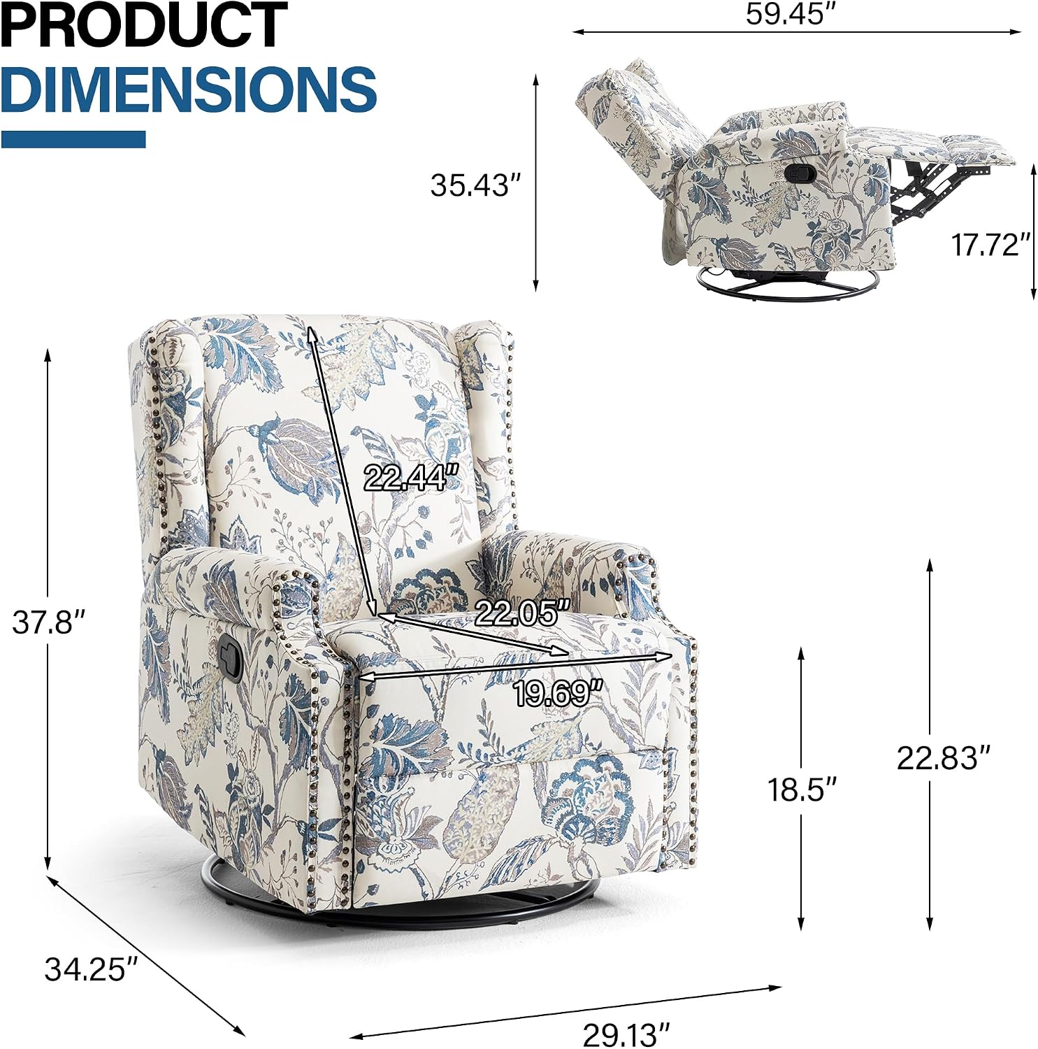 Lumibee Swivel Rocker Recliner Chairs, Printed Fabric Swivel Glider Rocking Chair with High Back, Upholstered Deep Seat Wingback Recliner Chair for Living Room Bedroom, Plants Blue
