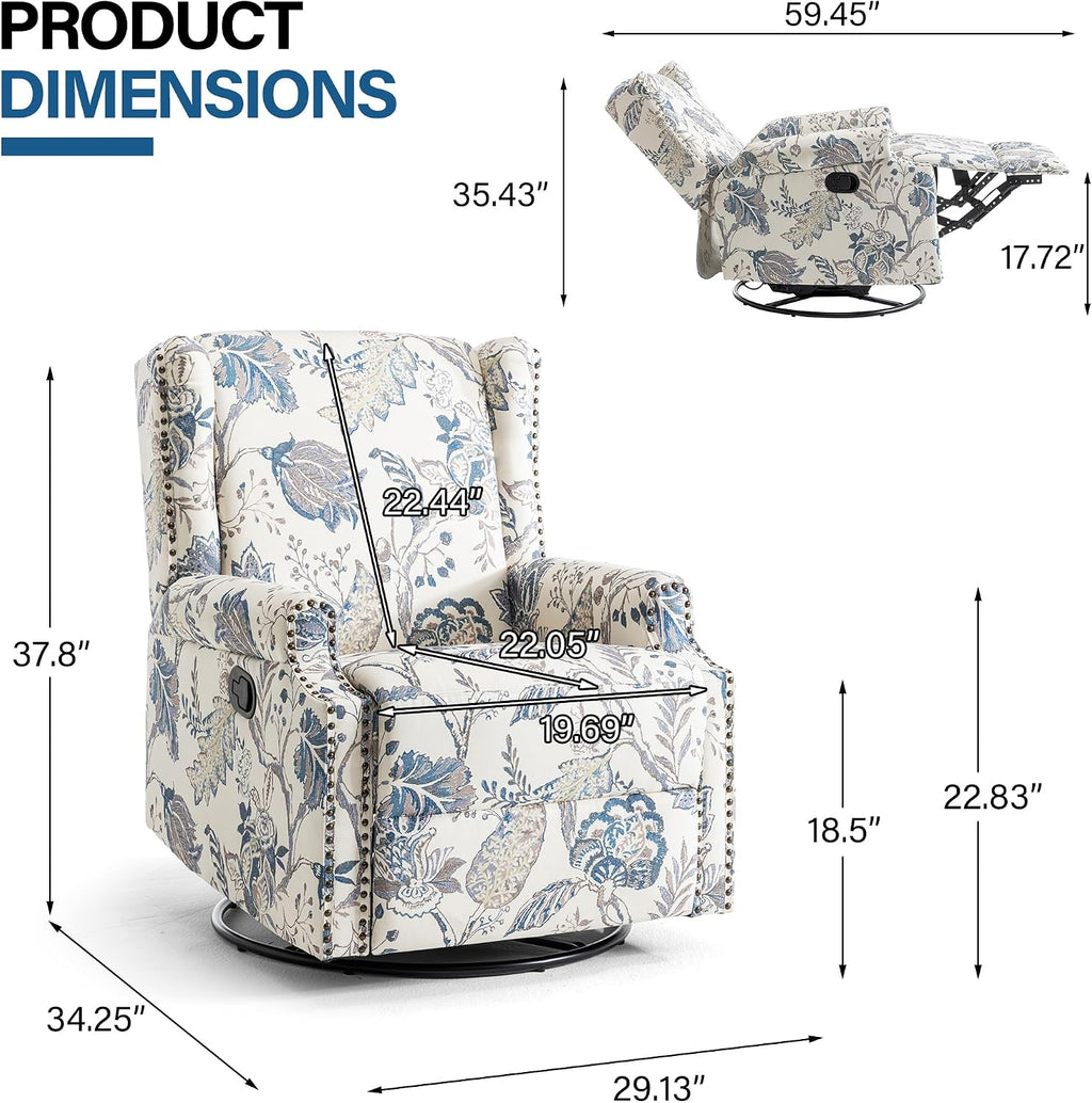 Lumibee Swivel Rocker Recliner Chair Set of 2, Printed Fabric Swivel Glider Rocking Chair with High Back, Upholstered Deep Seat Wingback Recliner Chair for Living Room Bedroom, Plants Blue