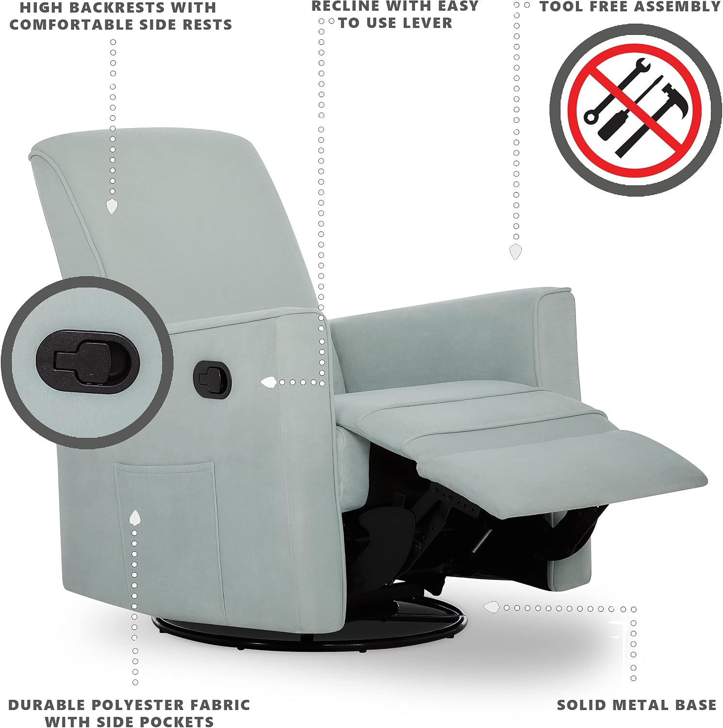 Evolur Raleigh Basic Glider, Recliner and Rocker in Light Blue