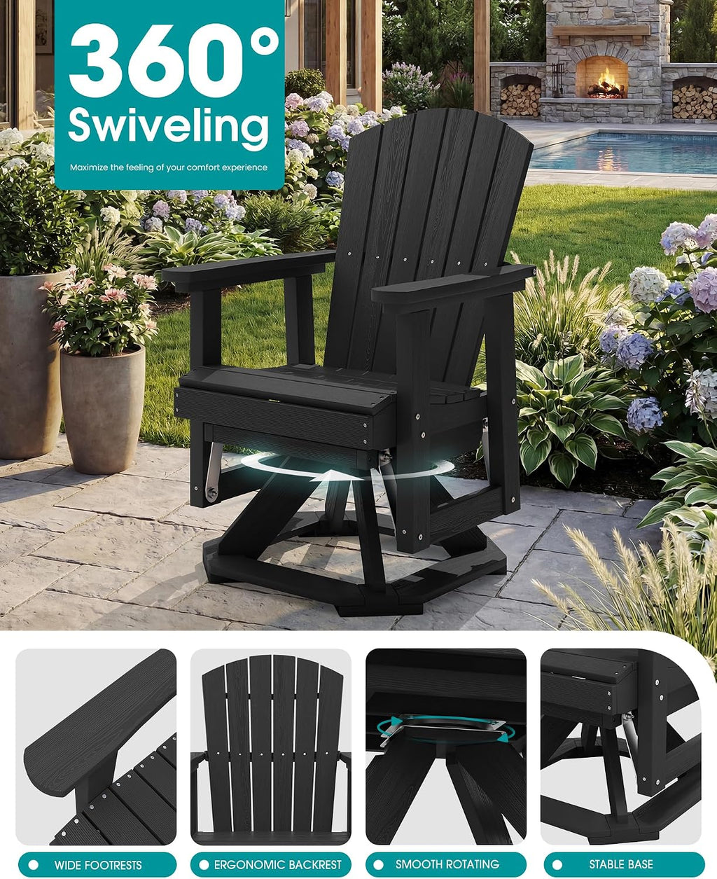 SERWALL Adirondack Swivel Glider Chair, HDPE Glider Set of 2 for Outdoor, All-Weather Glider Chair for Porch, Balcony, Midnight Black