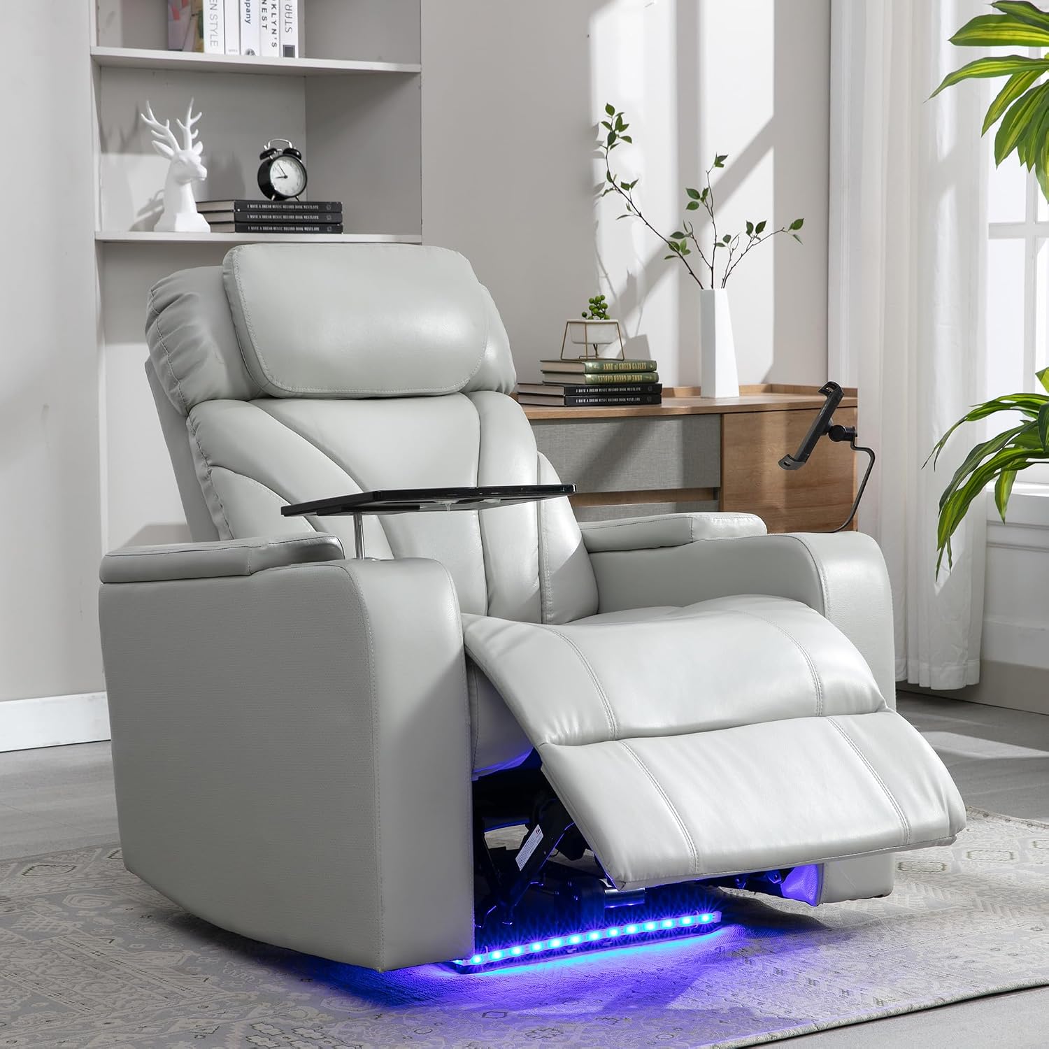 JIVOIT Power Motion Recliner Electric Power Recliner with Hidden Arm Storage, Cup Holder, Phone Holder, Tray Table, Faux Leather Rocker Chair for Small Spaces (Light Grey/78)