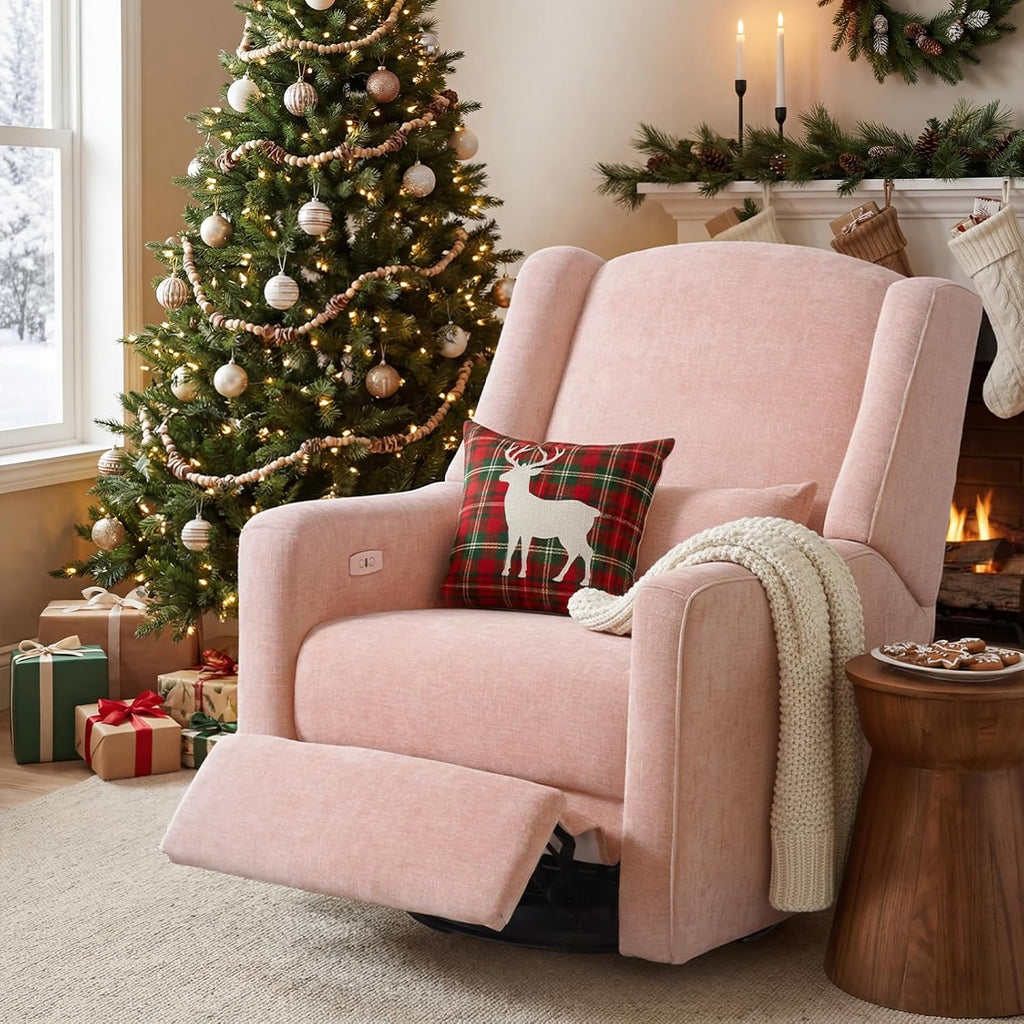 Power Glider Recliner Nursery Chair w/USB Ports, Soft Chenille Glider Rocking Chair for Nursery, Swivel Glider Chair with Lumbar Pillow for Living Room, Pink