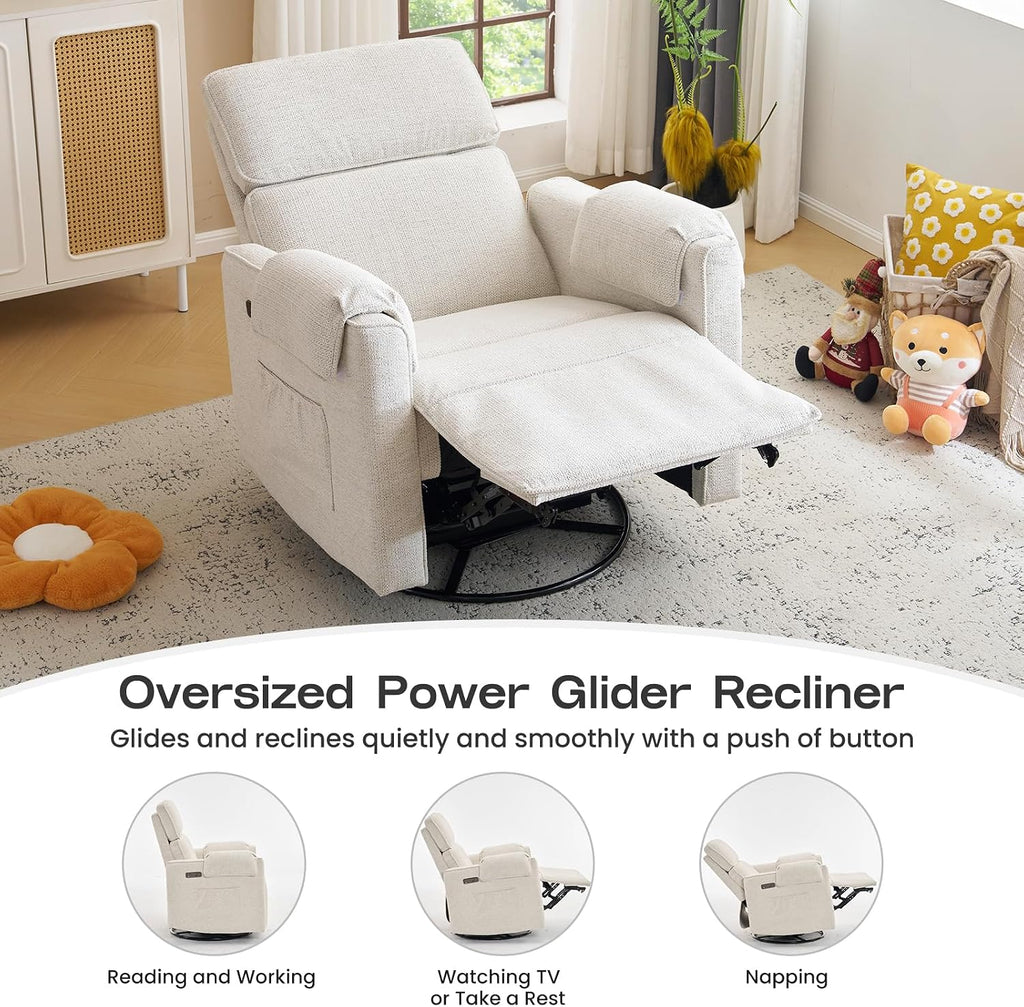 Chenille Rocking Chair Nursery with Adjustable Headrest,24' Extra Wide Swivel Rocker Recliner Chair with Overstuffed Armrest,Oversized Power Rocker Recliner with USB Ports,White