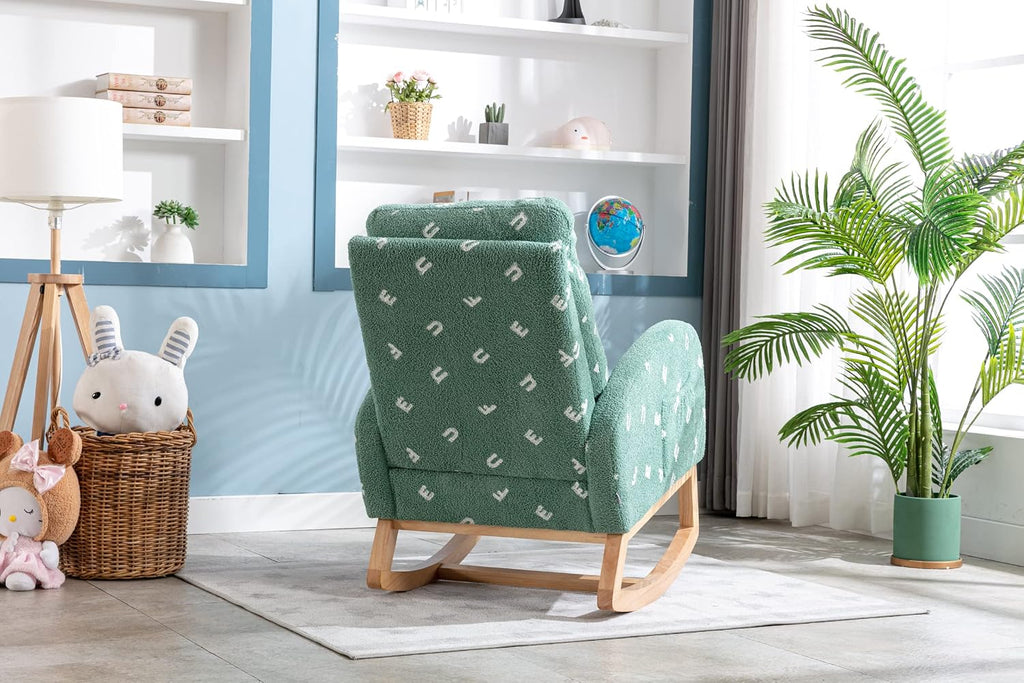 Setawix Teddy Rocking Chair for Nursery, Midcentury Modern Accent Rocker Armchair with Side Pocket, Upholstered High Back Wooden Rocking Chair for Living Room Baby Room Bedroom (Green Alphabet)