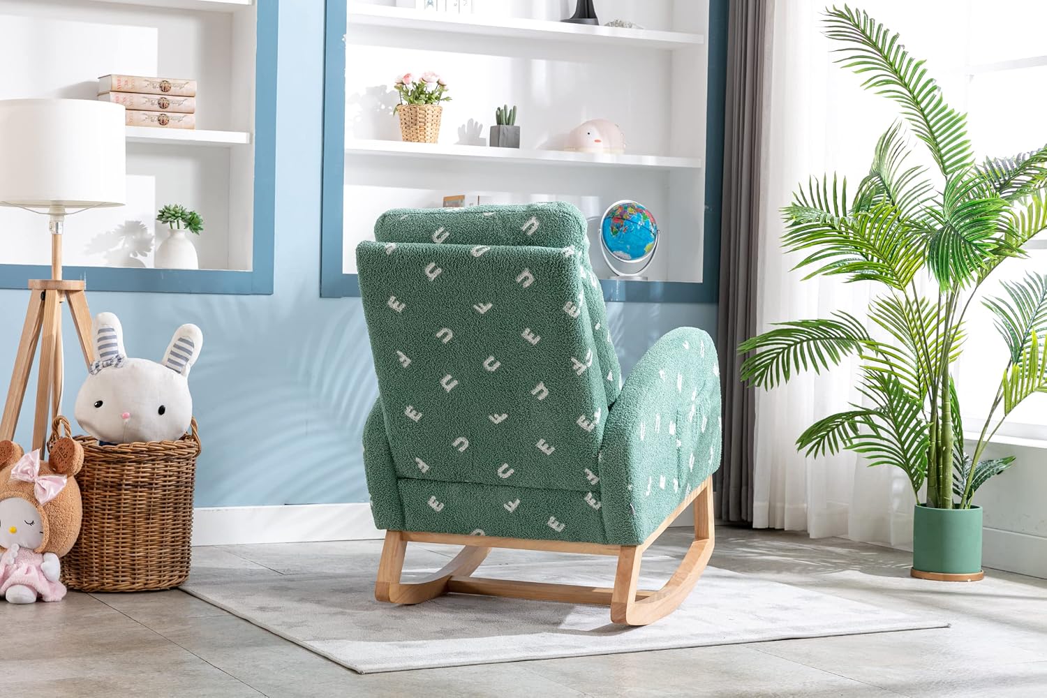 Setawix Teddy Rocking Chair for Nursery, Midcentury Modern Accent Rocker Armchair with Side Pocket, Upholstered High Back Wooden Rocking Chair for Living Room Baby Room Bedroom (Green Alphabet)