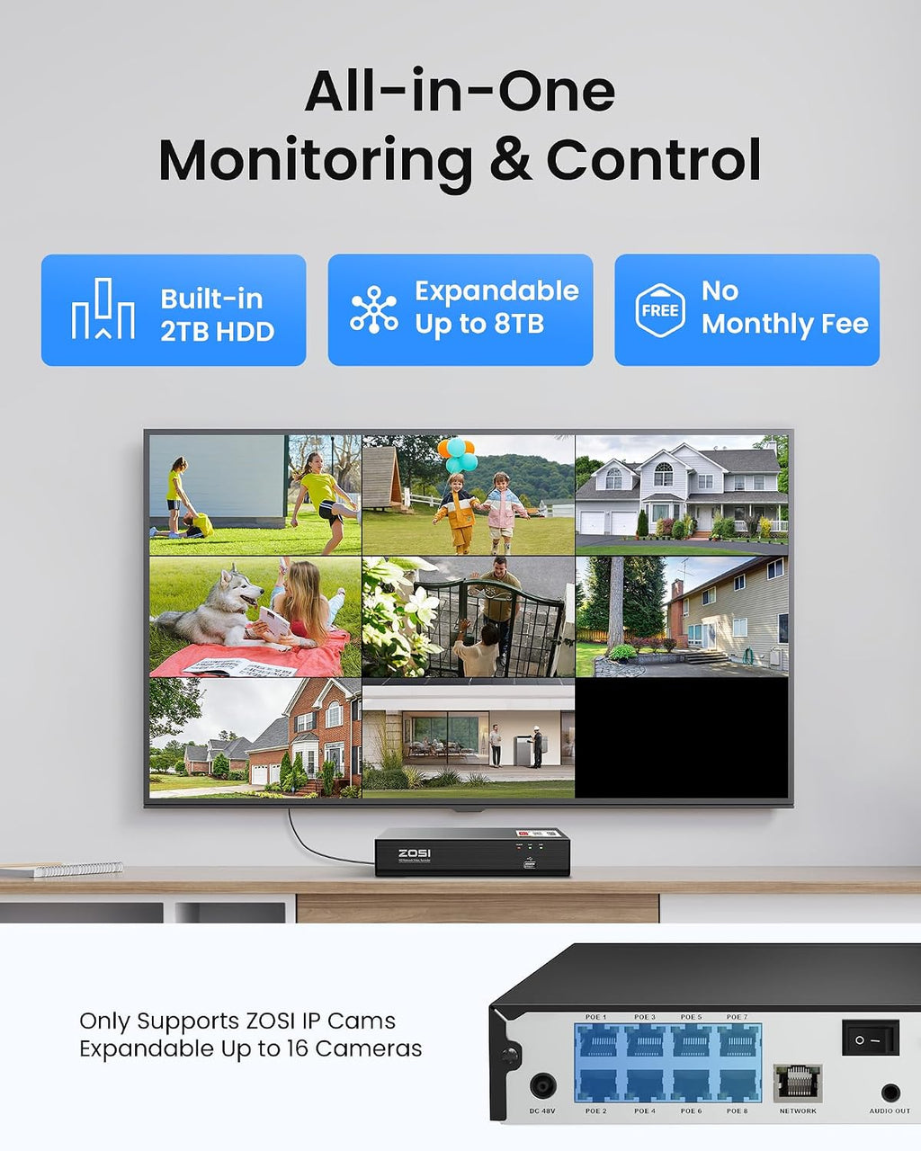 ZOSI C220 4K 8MP 8CH POE NVR Security Camera System (16CH Expandable), 8 x 8MP PoE IP Dome Cameras Outdoor Indoor, AI Human/Vehicle/Face Detection, One-Way Audio, 100ft IR Night Vision, 2TB HDD