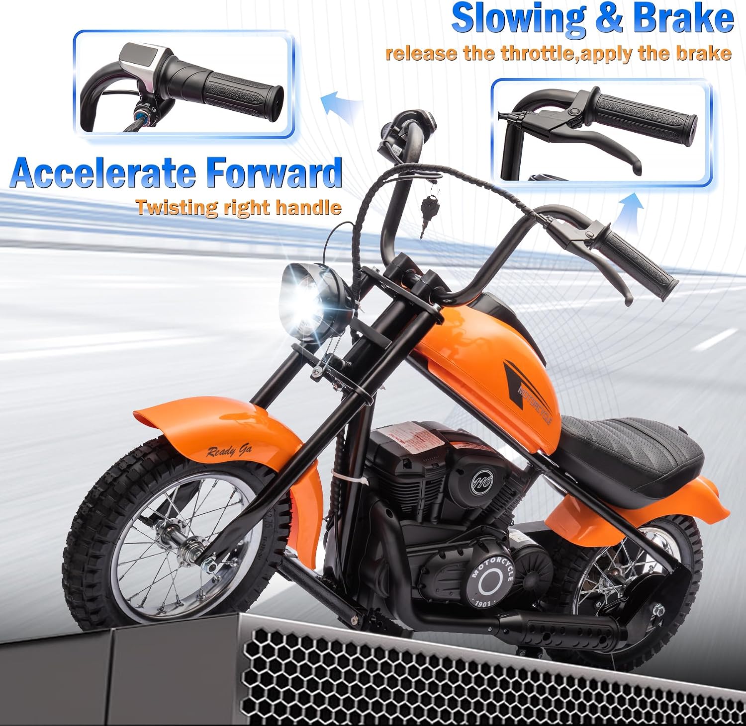 Electric Dirt Bike for Kids, 24V 9AH Ride on Toy for Big Kids, 250W Strong Motor 14MPH Fast Speed Electric Retro Off-Road Motorcycle, LED Lights, Orange