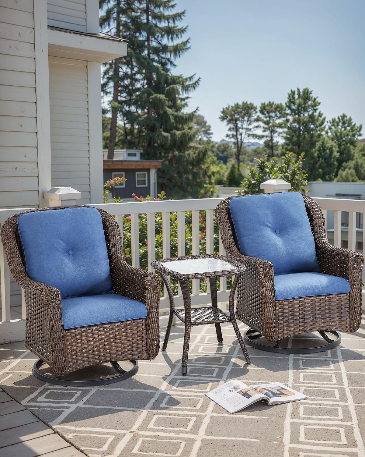 Patio Chairs Outdoor Swivel Glider - Set of 2 High Back Outside Brown Wicker Rattan Rocking Chair with Thick Cushion for Porch Apartment Deck Yard Poolside Garden - Navy Blue