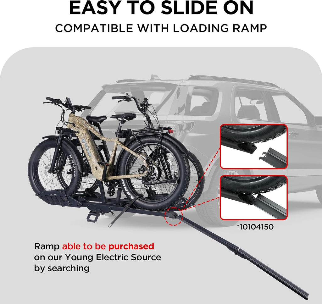 Young Electric Hitch Mount 2 EBike Rack, 200 lbs Capacity Electric Bike Carrier Foldable Platform Mount, Up to 5-inch Fat Tire Bicycle for 2'' Receiver Cars Trucks SUVs Minivans RV, Trailer