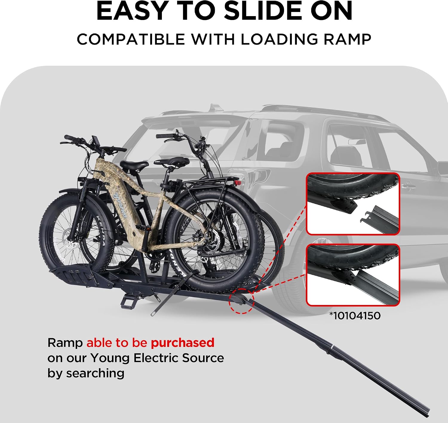 Young Electric Hitch Mount 2 EBike Rack, 200 lbs Capacity Electric Bike Carrier Foldable Platform Mount, Up to 5-inch Fat Tire Bicycle for 2'' Receiver Cars Trucks SUVs Minivans RV, Trailer