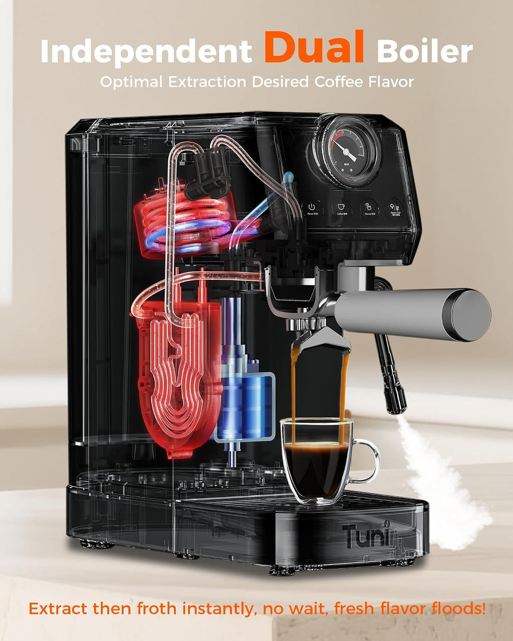 Tuni E2 58mm Espresso Machine 20Bar, Dual Boiler Espresso Maker with 10mm Steam Milk Frother, Semi-automatic Coffee Machine with UKLA Pump for Espresso,Cappuccino, Gift for Coffee Lover