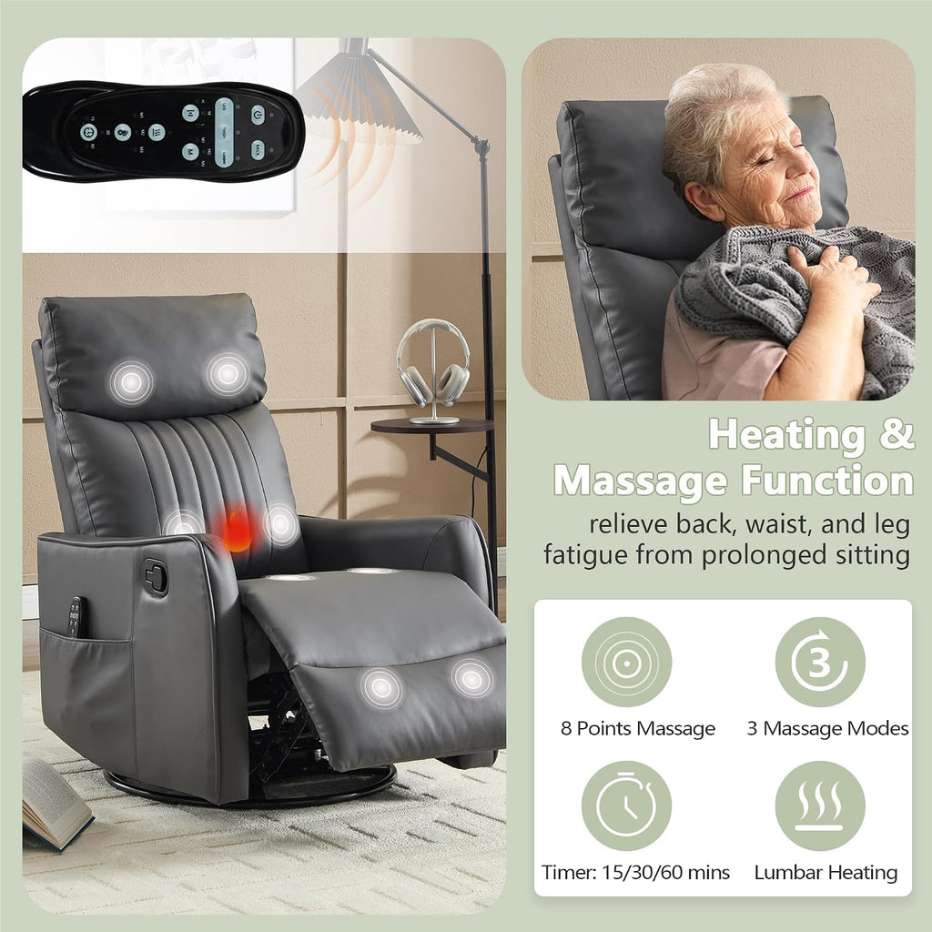 cinkehome Heated Massage Swivel Rocker Recliner Chair for Nursery - Small Space Reclining Chair with Lumbar Support, 360° Swivel & Gentle Rocking, Ergonomic High Back Faux Leather Gray