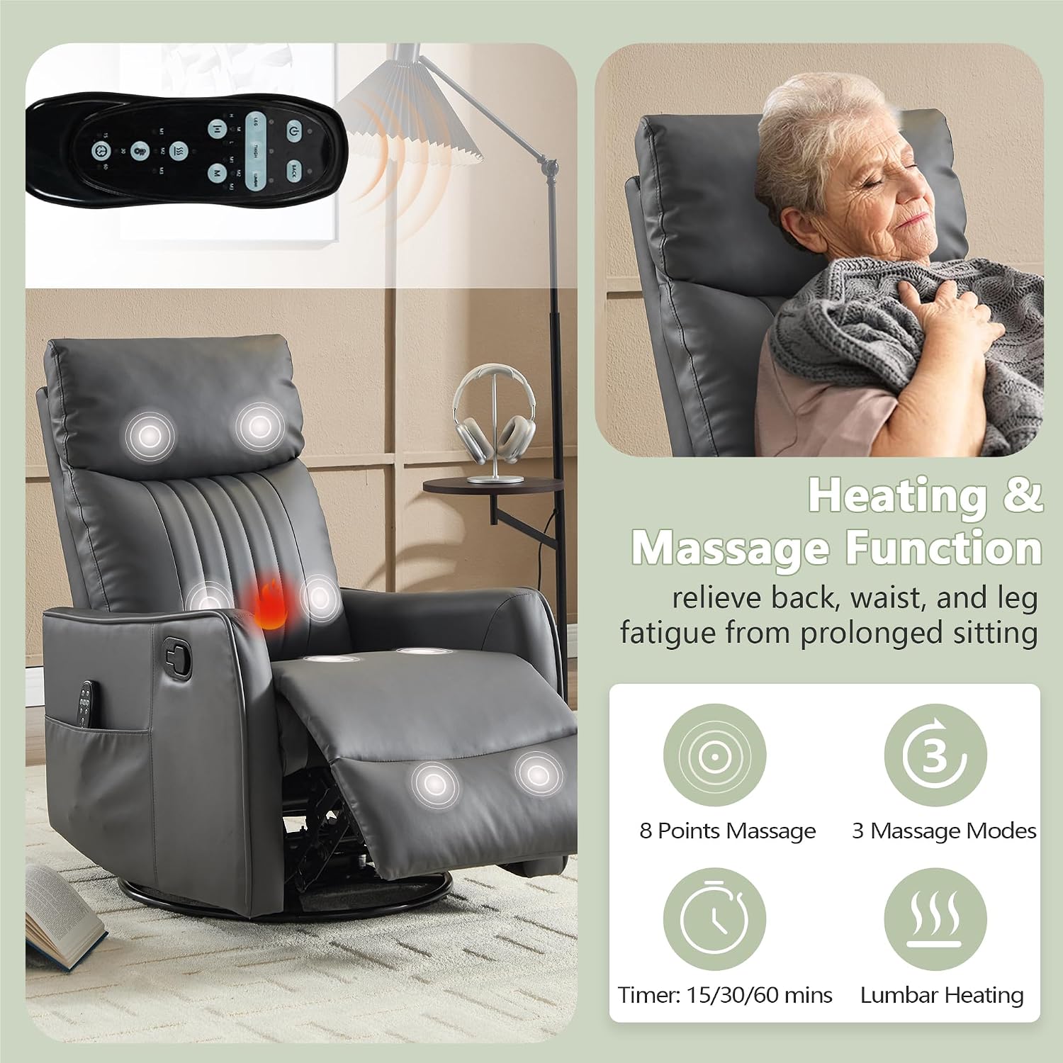 cinkehome Heated Massage Swivel Rocker Recliner Chair for Nursery - Small Space Reclining Chair with Lumbar Support, 360° Swivel & Gentle Rocking, Ergonomic High Back Faux Leather Gray